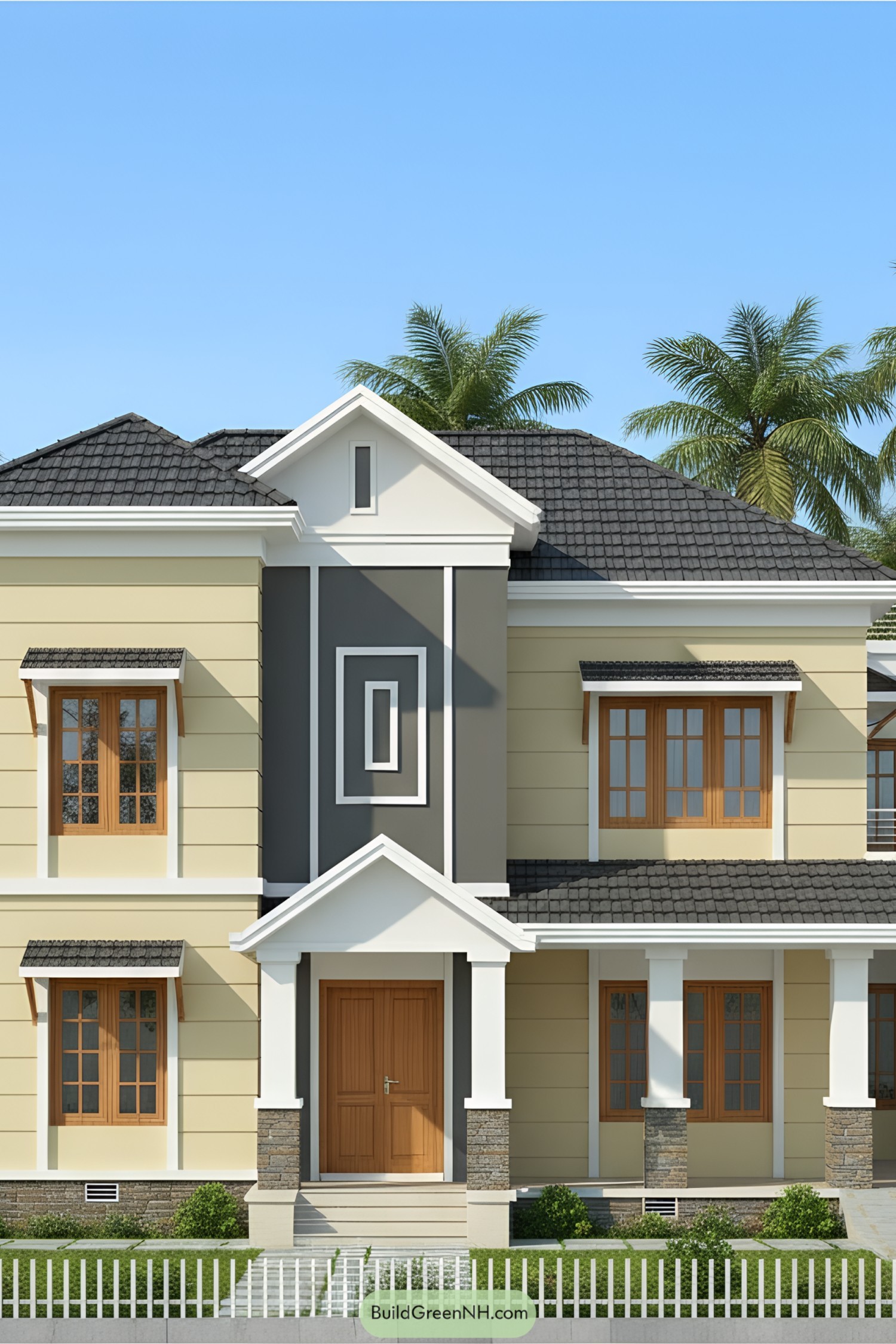 Two-story cream and gray house with gabled roof, wooden windows, and a bold vertical geometric accent panel