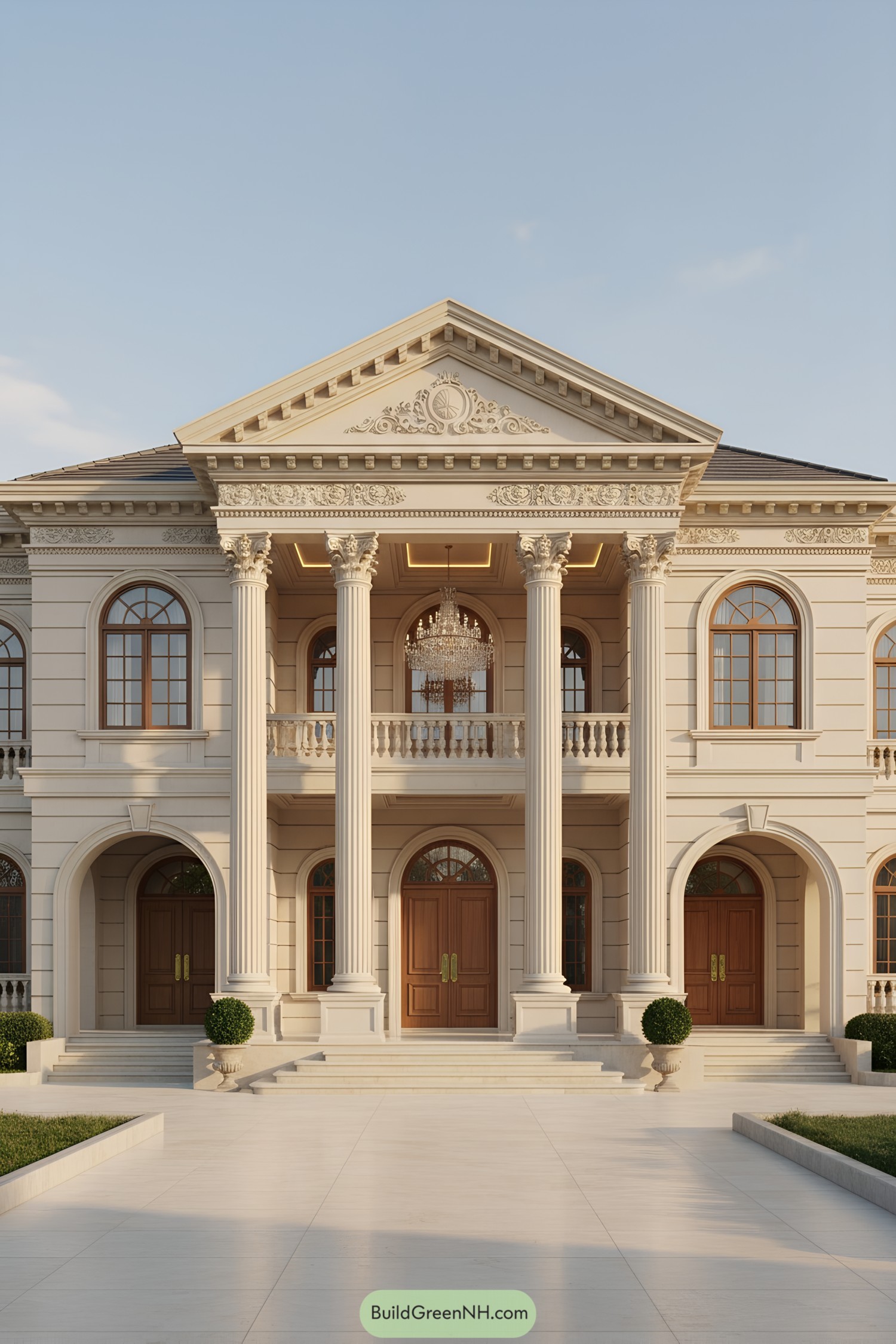 Symmetrical mansion with grand columns and pediment