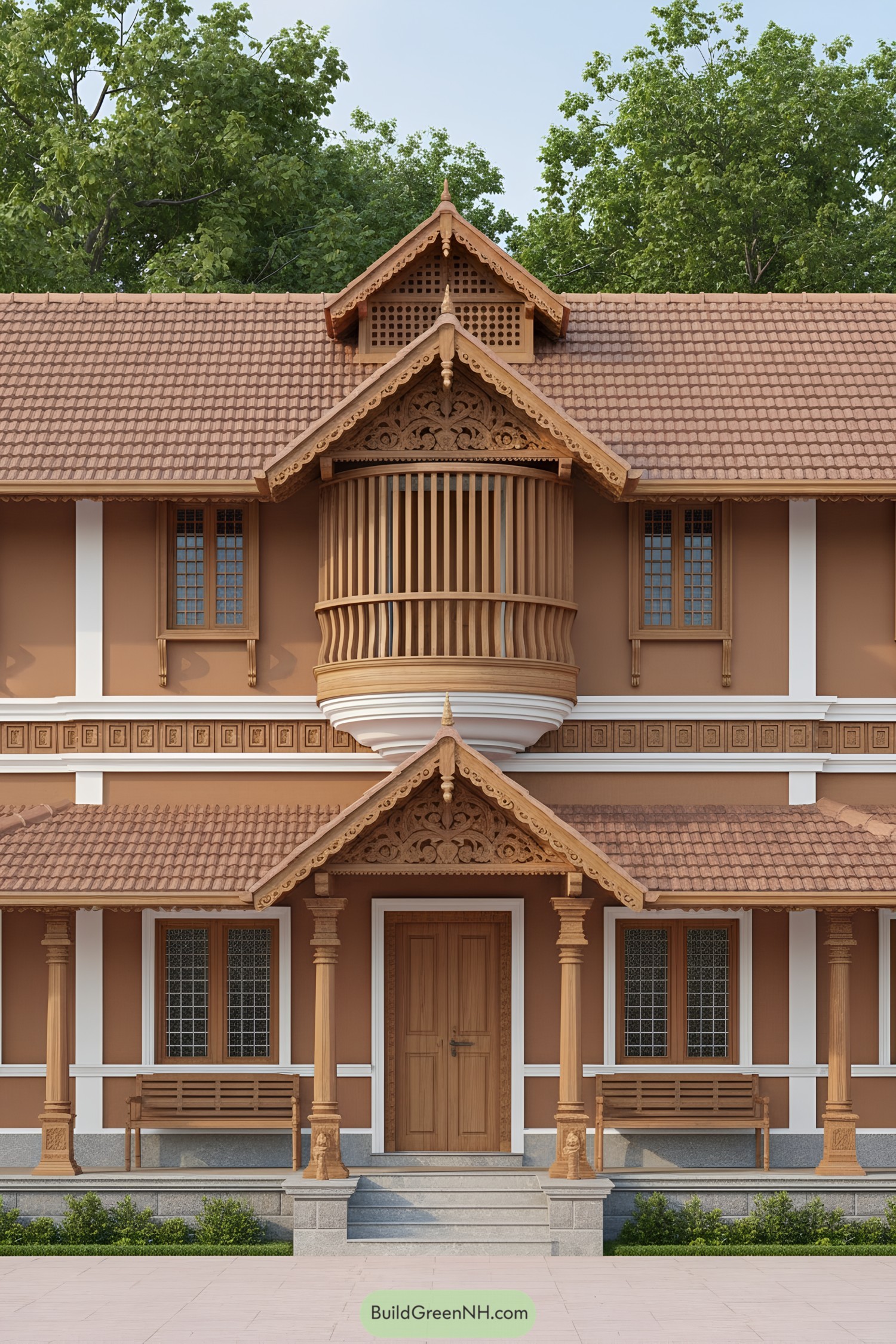 Traditional Indian house with tiled roof and ornate woodwork
