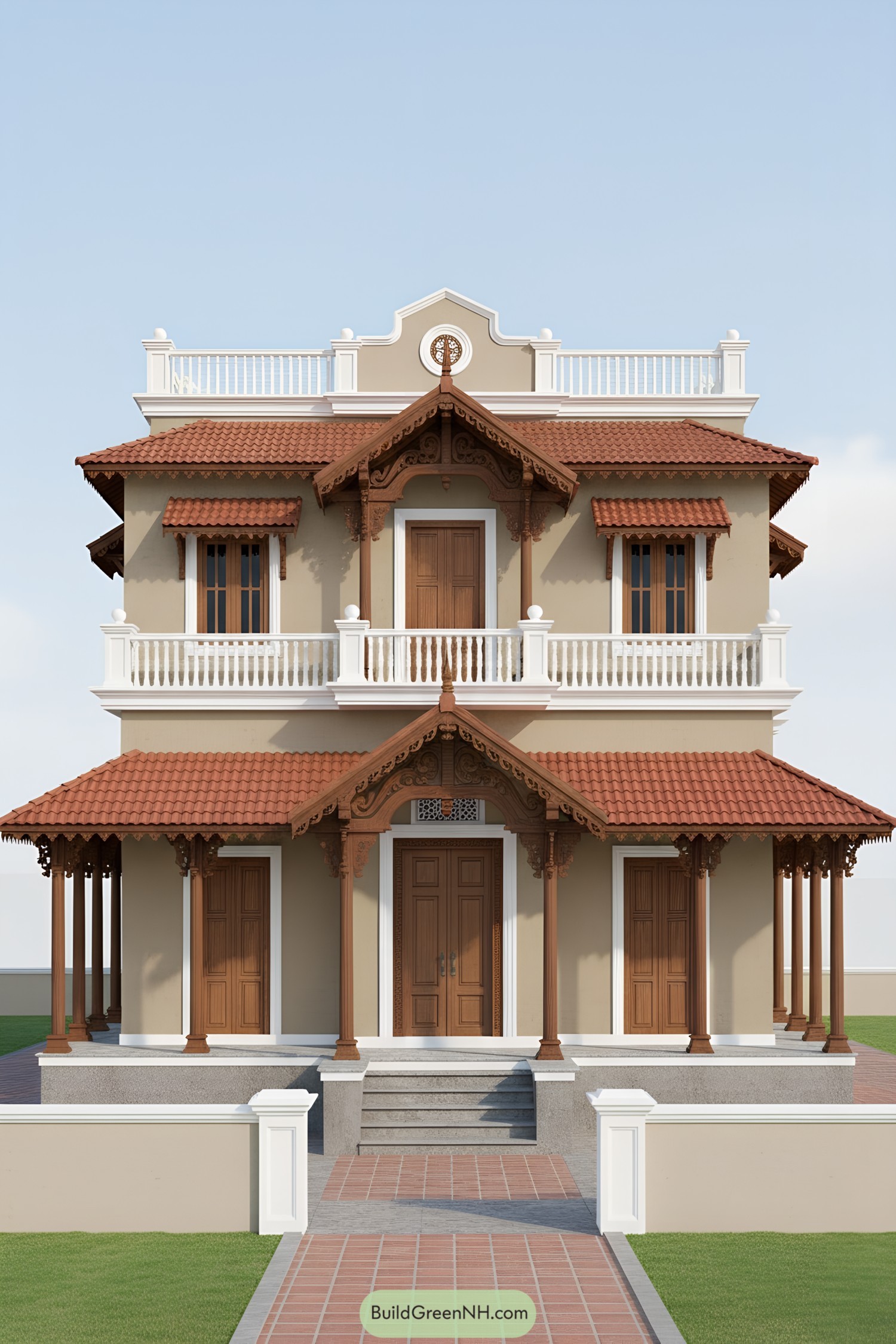 Two-story heritage house with terracotta roofs and carved wooden eaves