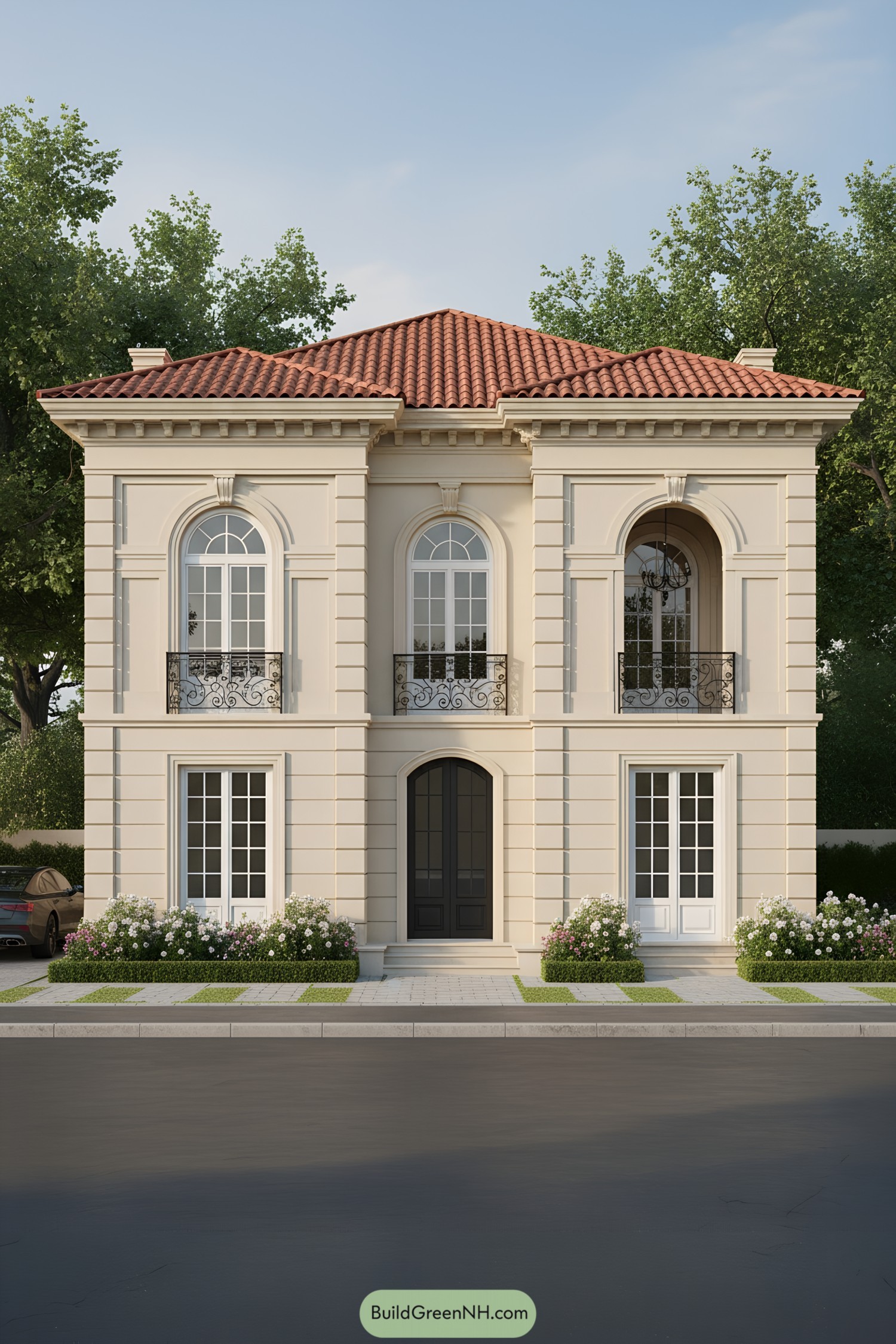 Two-story stucco home with arched windows, wrought-iron balconies, and red clay tile roof