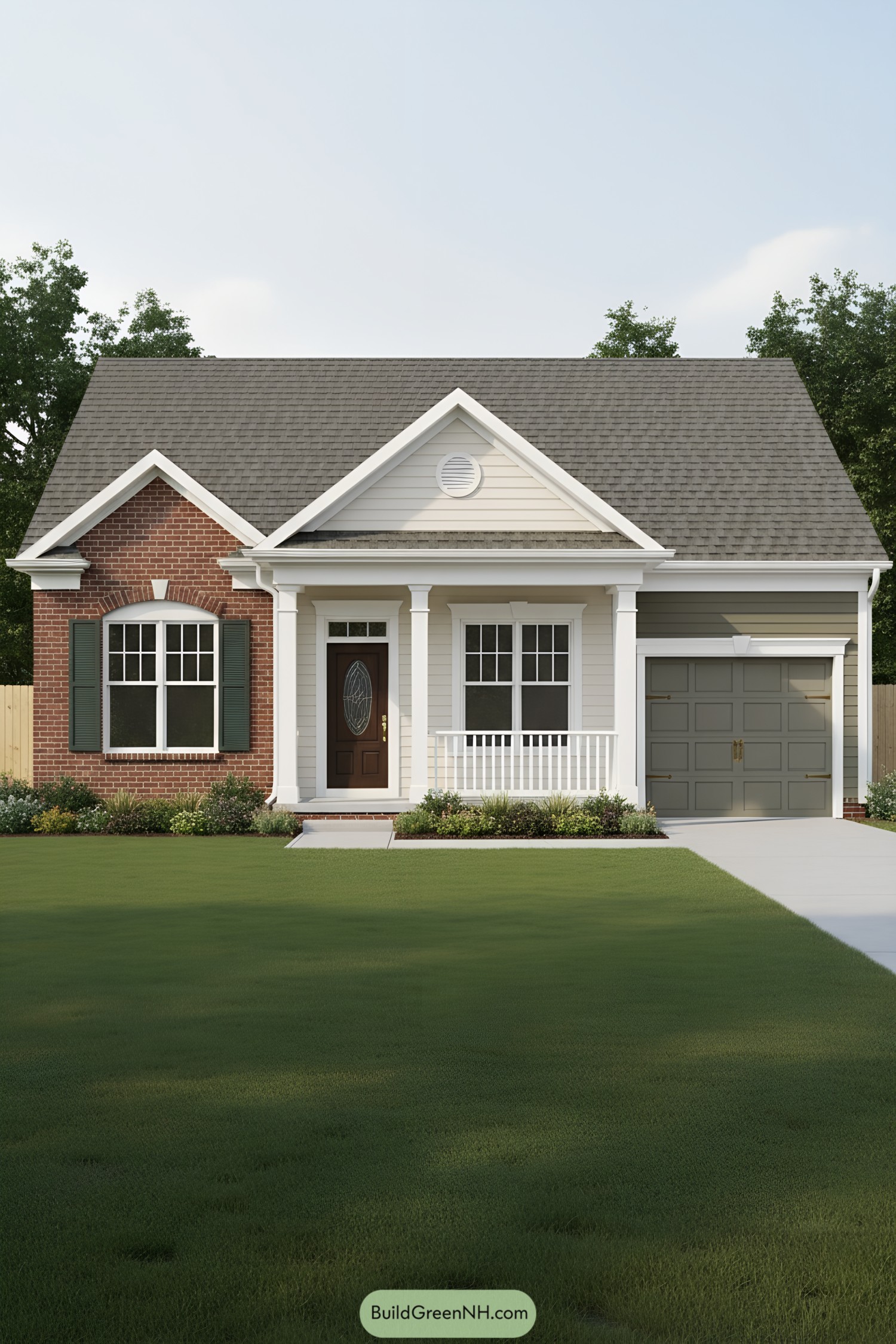 Single-story cottage with brick and siding facade