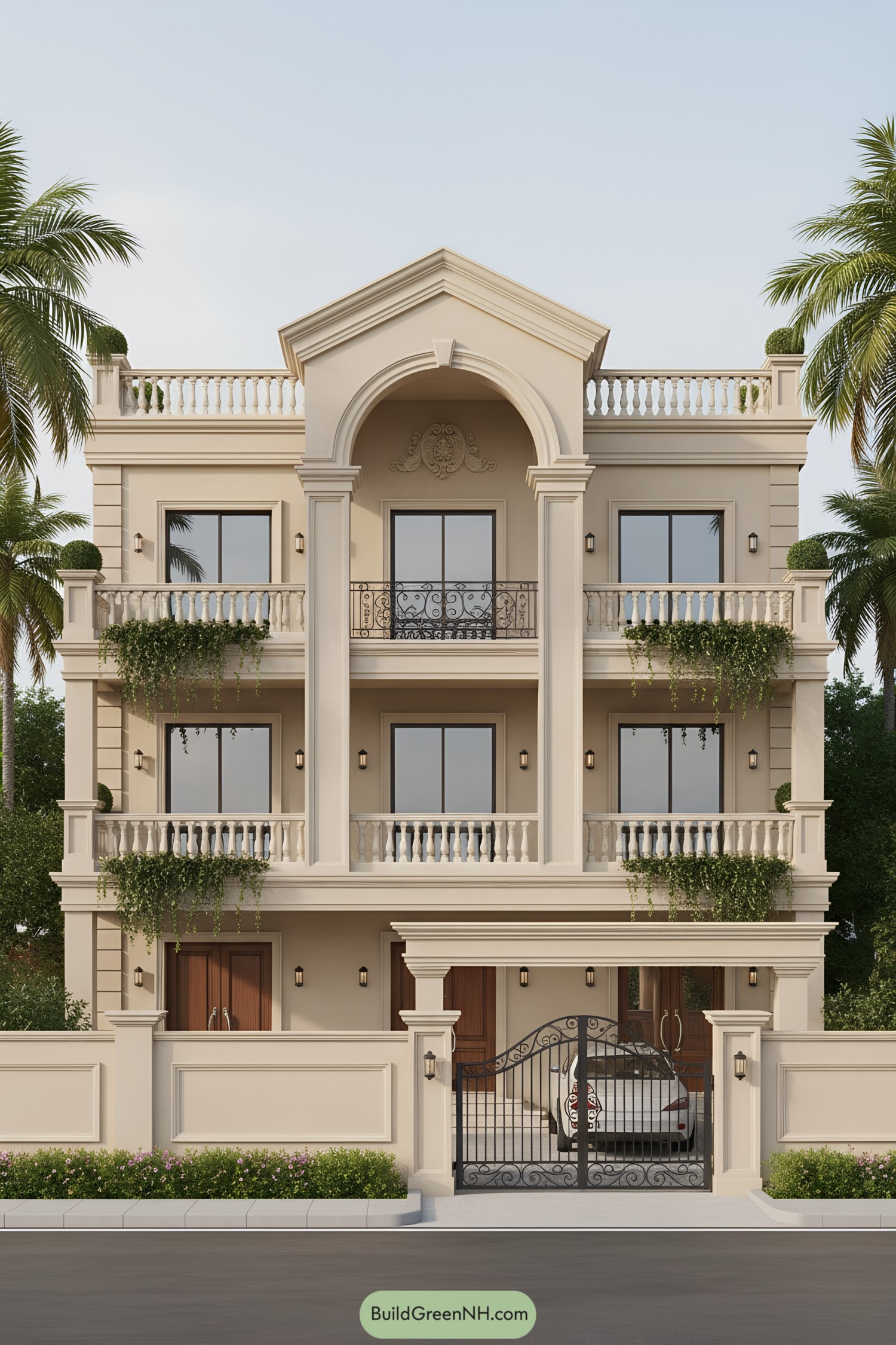 Three-story cream facade with grand arched portico and balustrade balconies
