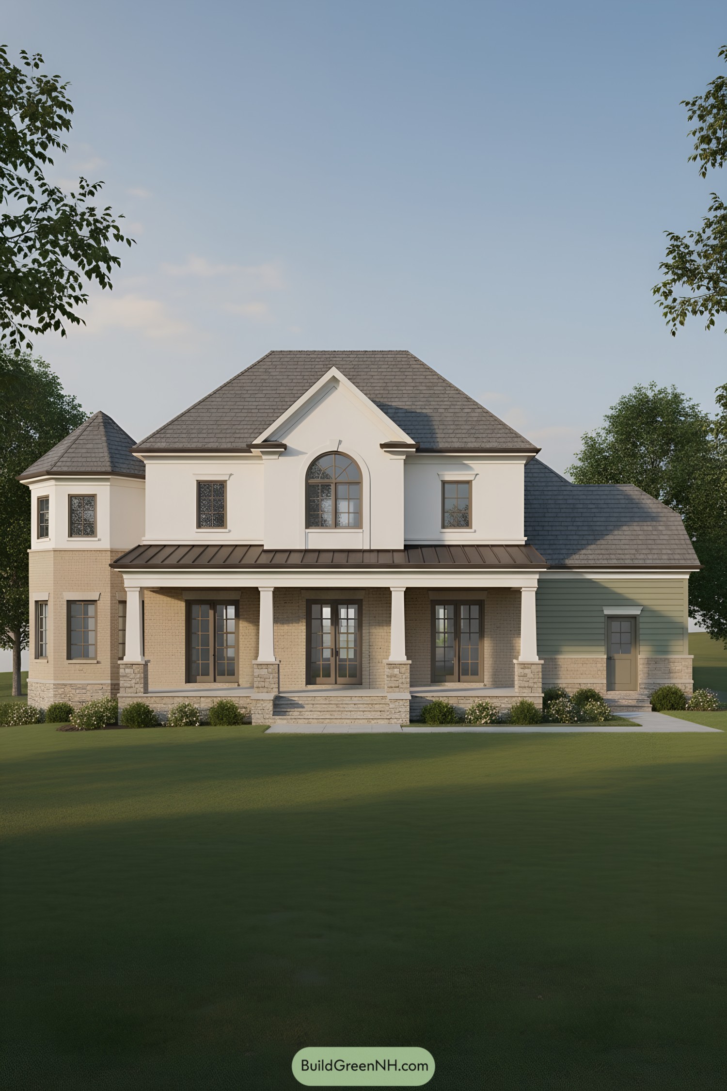 Two-story house with turret bay, gabled roof, and metal-roofed porch supported by columns