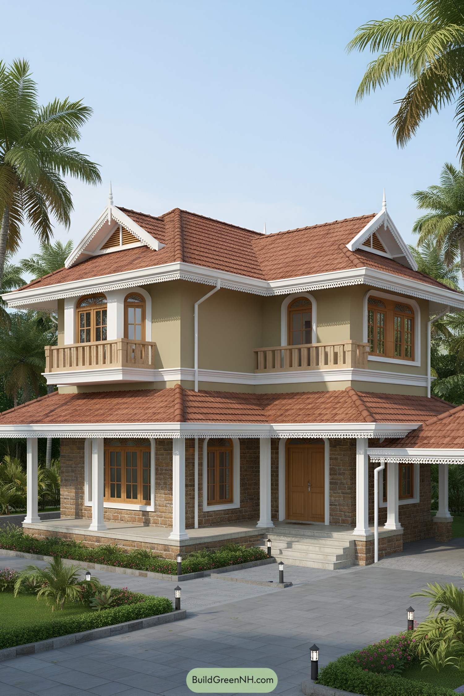 Two-story heritage home with terracotta gables and wraparound verandah, set among palms. White fretwork fascia, stone-clad base, and timber windows add warmth and craft