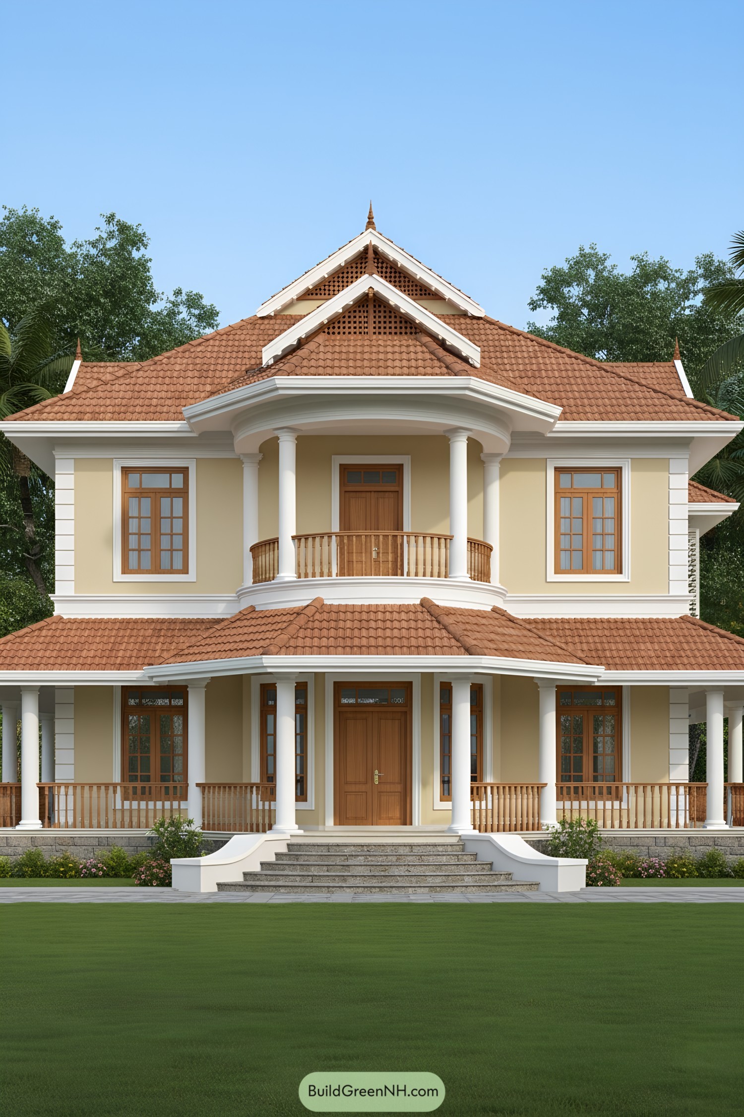 Two-story house with terracotta hip roof and columned wraparound veranda