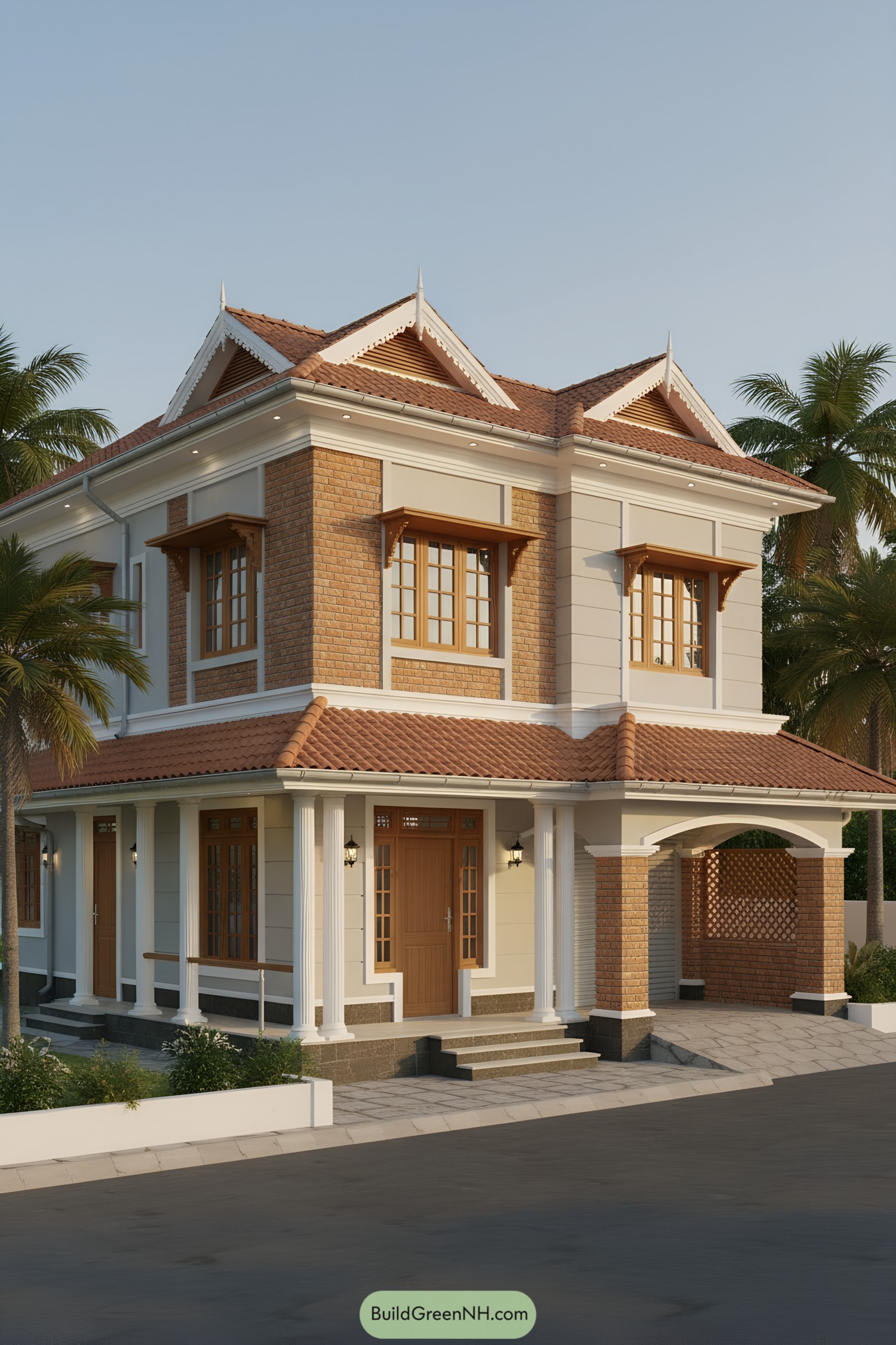 Two-story brick and stucco house with clay gable roof and columned porch