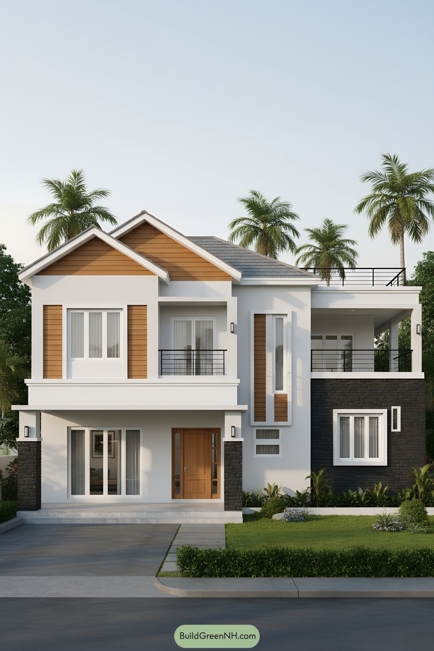 Two-story white villa with cedar cladding, black stone base, and gabled roof, featuring balconies and large windows