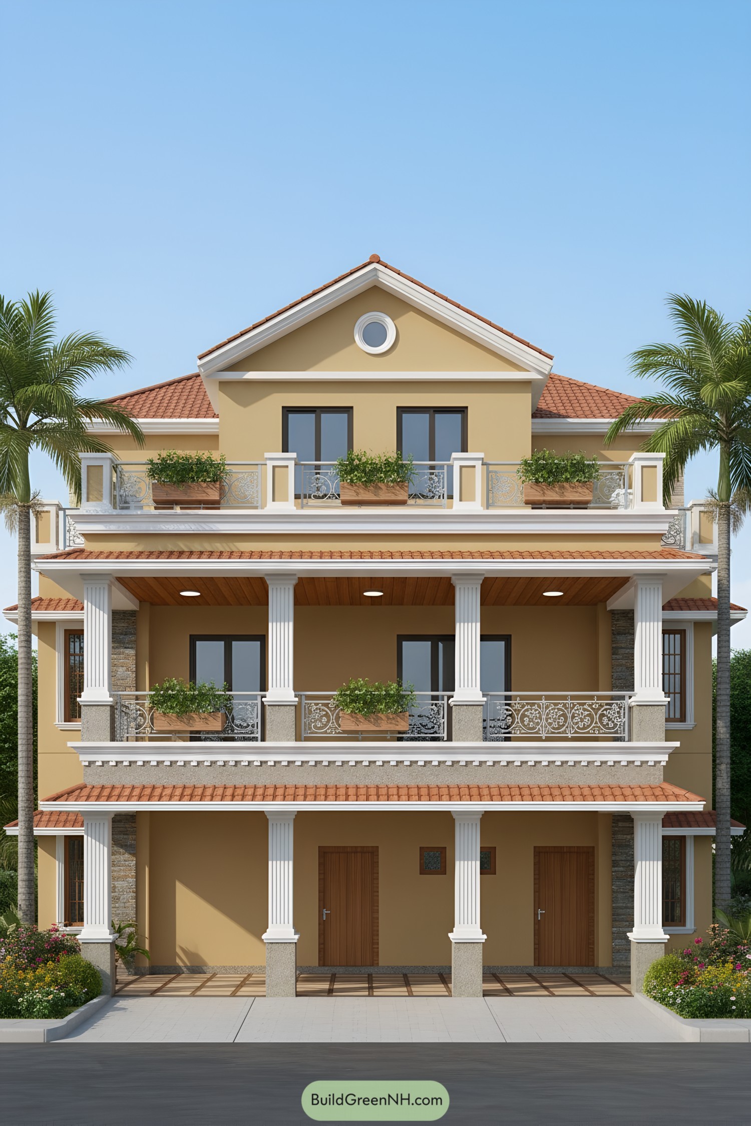 Three-story villa with terracotta gables and white columns