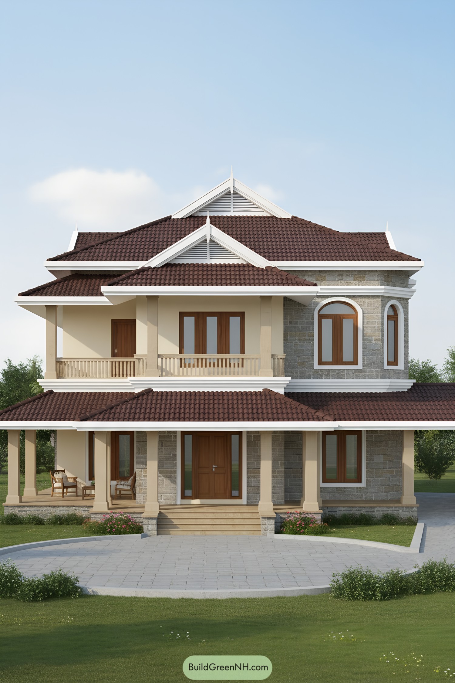 Two-story villa with layered terracotta gables, stone cladding, and wraparound veranda