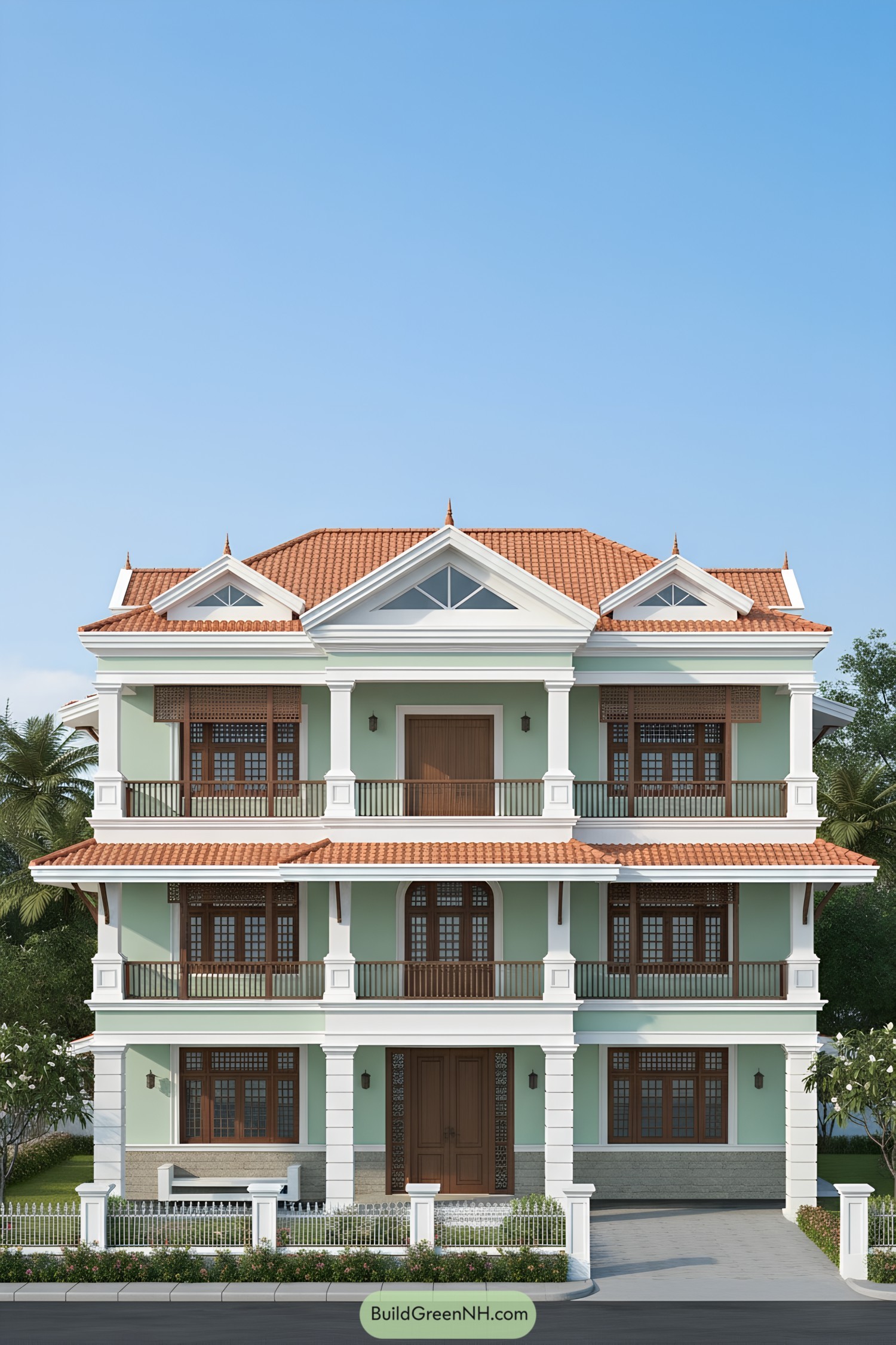 Three-story mint villa with terracotta gables and wraparound balconies