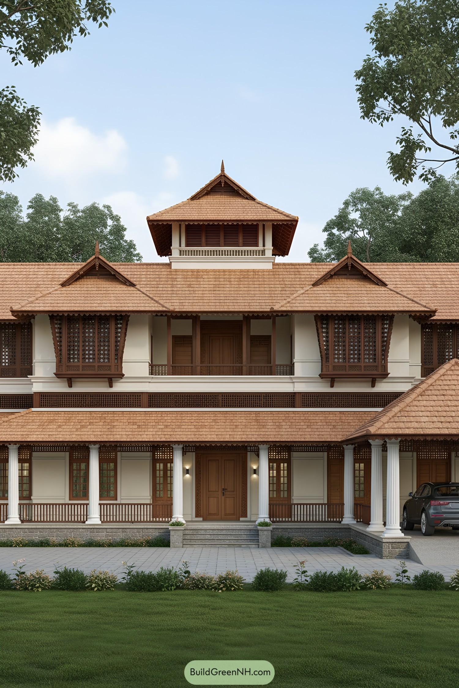 Traditional timbered villa with layered terracotta roofs and carved screens