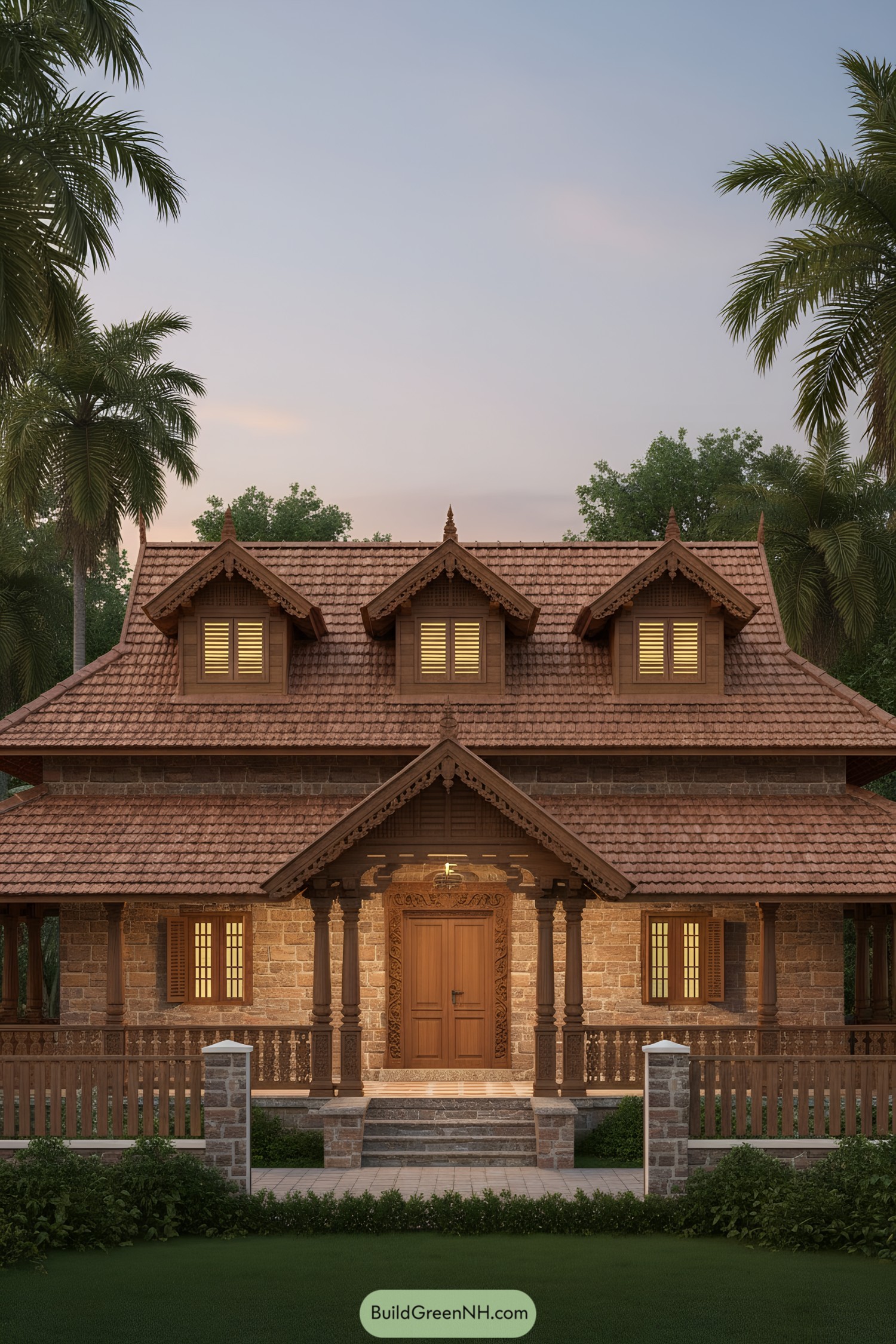 Stone and timber heritage house with terracotta roof and carved porch