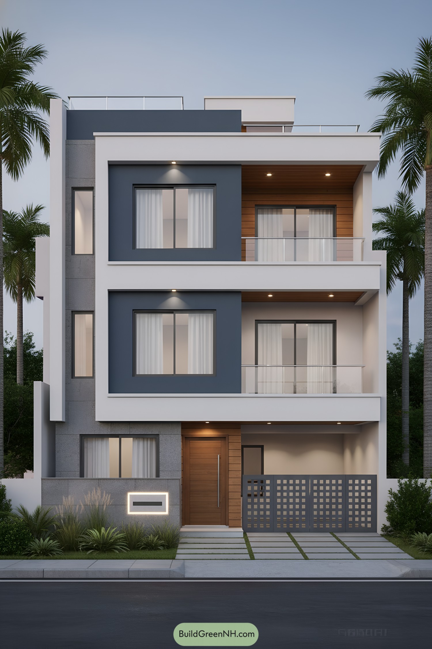 3D design of triplex house elevation 3d design, facade: contemporary cubic composition with strong horizontal lines, stacked masses, deep overhangs, recessed balcony bays, cantilevered slab above first floor; style: modern minimal with clean edges and geometric planes. Materials: smooth painted stucco, exposed white cement bands, textured stone/tiles at vertical accent strip, aluminum and glass railings, metal garage gate. Colors: primary slate blue main block, white frames and bands, light gray side volumes, warm wood‑tone cladding at door surrounds, charcoal gray gate and window frames. Shape of the structure: three-story rectilinear box, asymmetric frontage, left vertical tower element, central floating canopy, right side recessed car porch, terrace cutouts at second and third floors. Roofing: flat slab roofs with parapets, stepped terrace levels, small rooftop service block. Windows style: large rectangular sliders and fixed panels with dark aluminum frames, clear glazing, vertical narrow window on left facade, clerestory strip under canopy; balcony railings in clear glass with slim metal top rails. Door style: main entrance single flush door in dark wood finish with minimalist handle, upper-floor balcony doors as full-height glazed sliders; garage entry as double-leaf metal gate with rectangular perforations. Outdoor area: tiled driveway in alternating light and dark gray squares, low planter beds with ornamental grasses under nameplate, neat curb and asphalt street. Landscaping: palm trees flanking plot, compact shrubs and cycads near boundary wall, subtle wall lights integrated into soffits and balcony ceilings for warm evening glow.