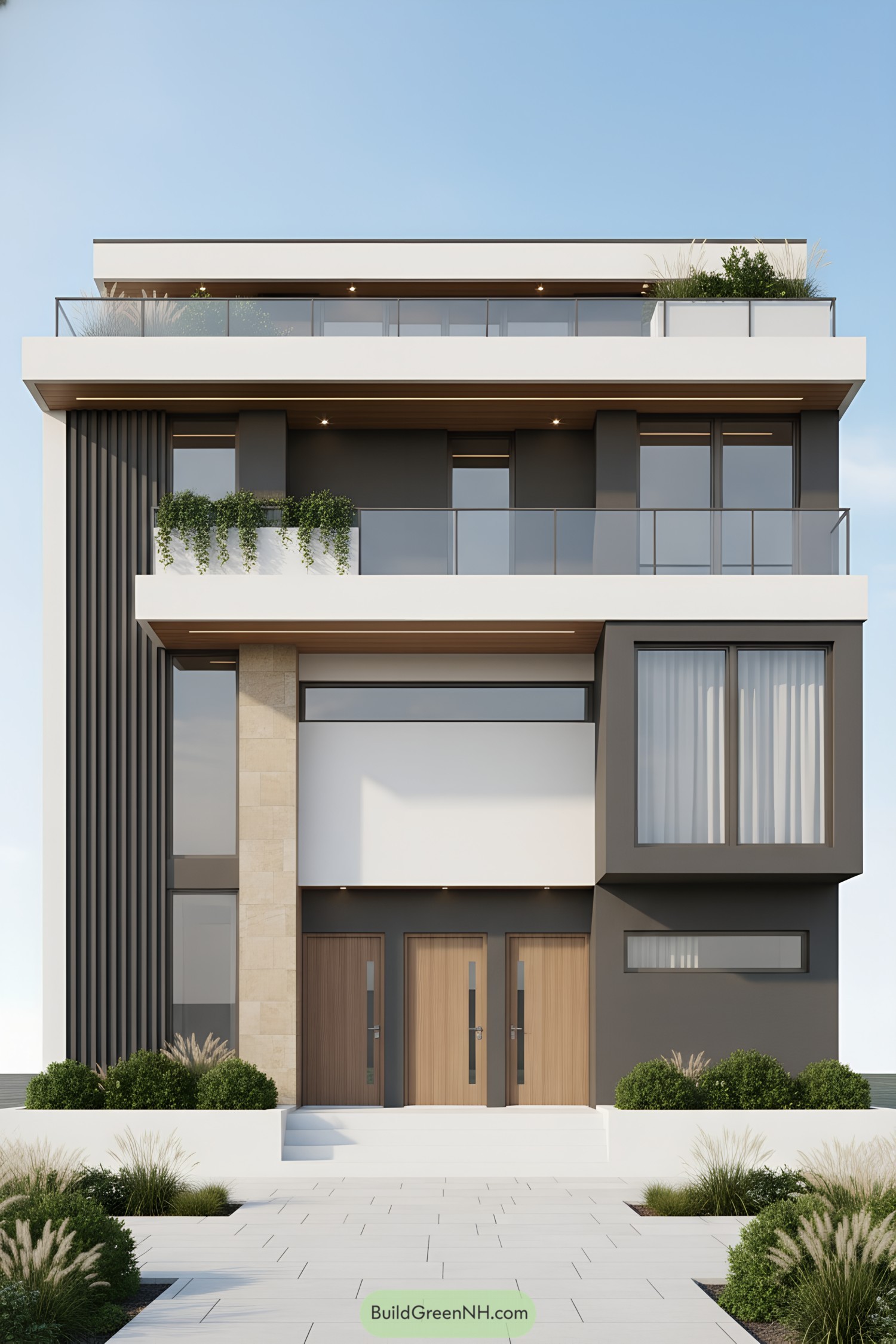 Minimalist three-story triplex with balconies and planters