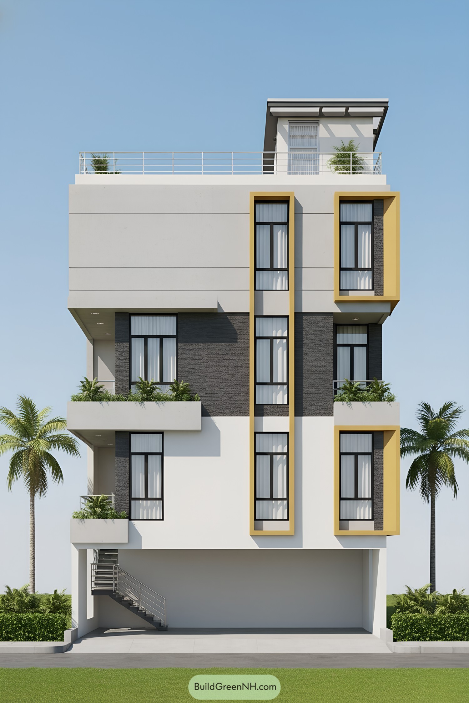 Modern triplex with boxy balconies and yellow window frames