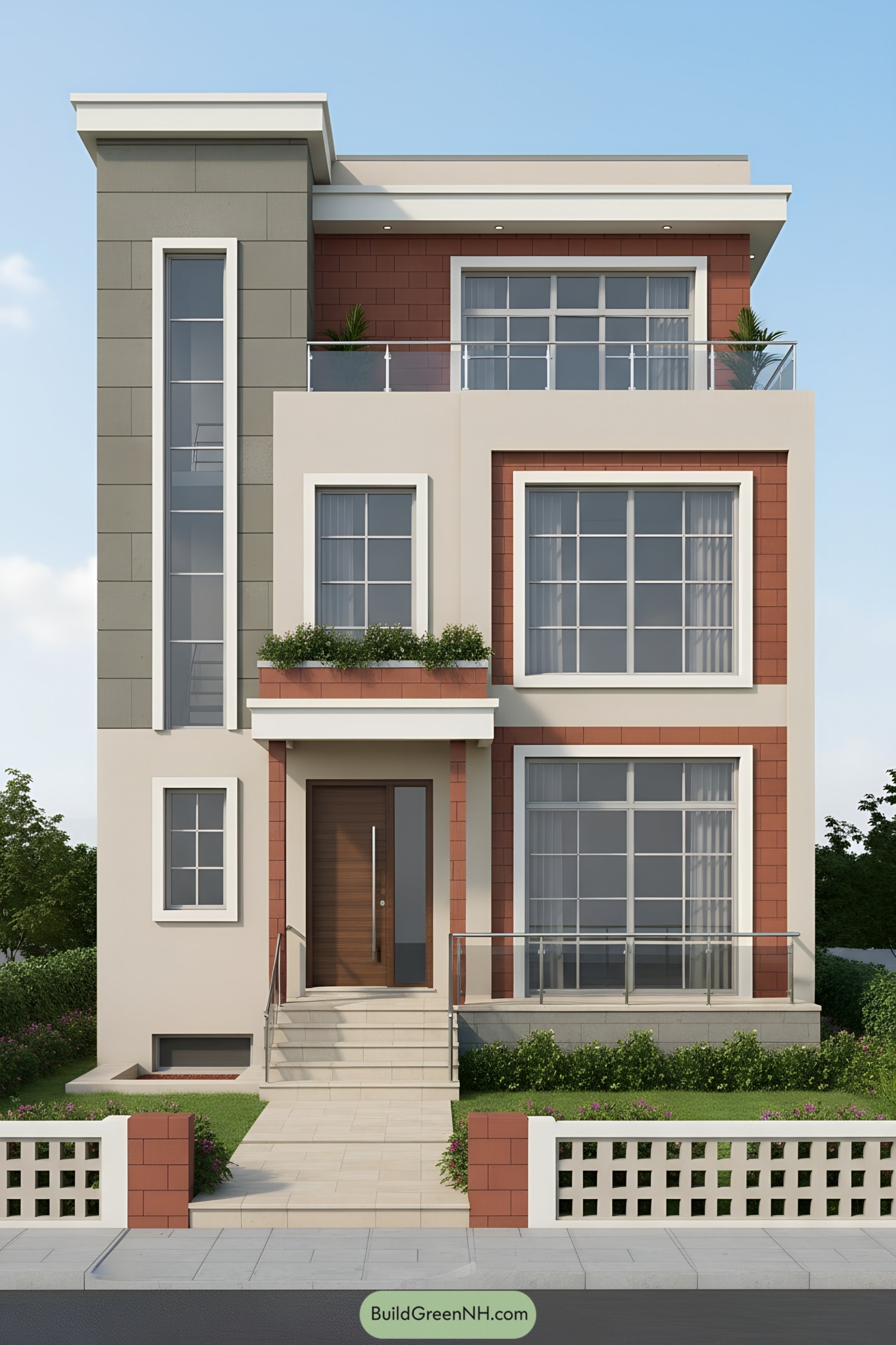 Modern triplex with large grid windows, red brick accents, glass railings, and a corner stair tower