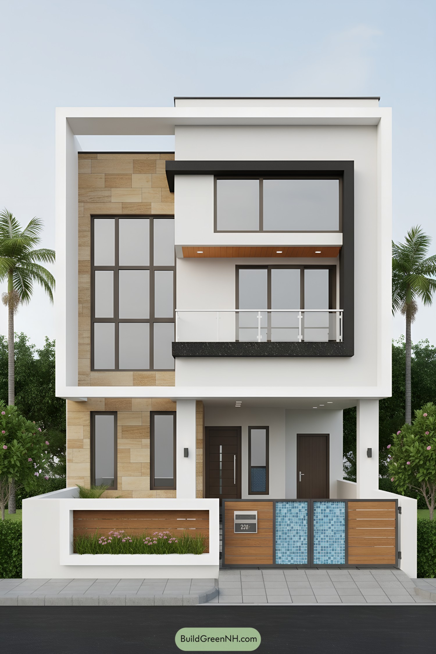 Modern triplex facade with white frames, wood cladding, and blue mosaic gate accents