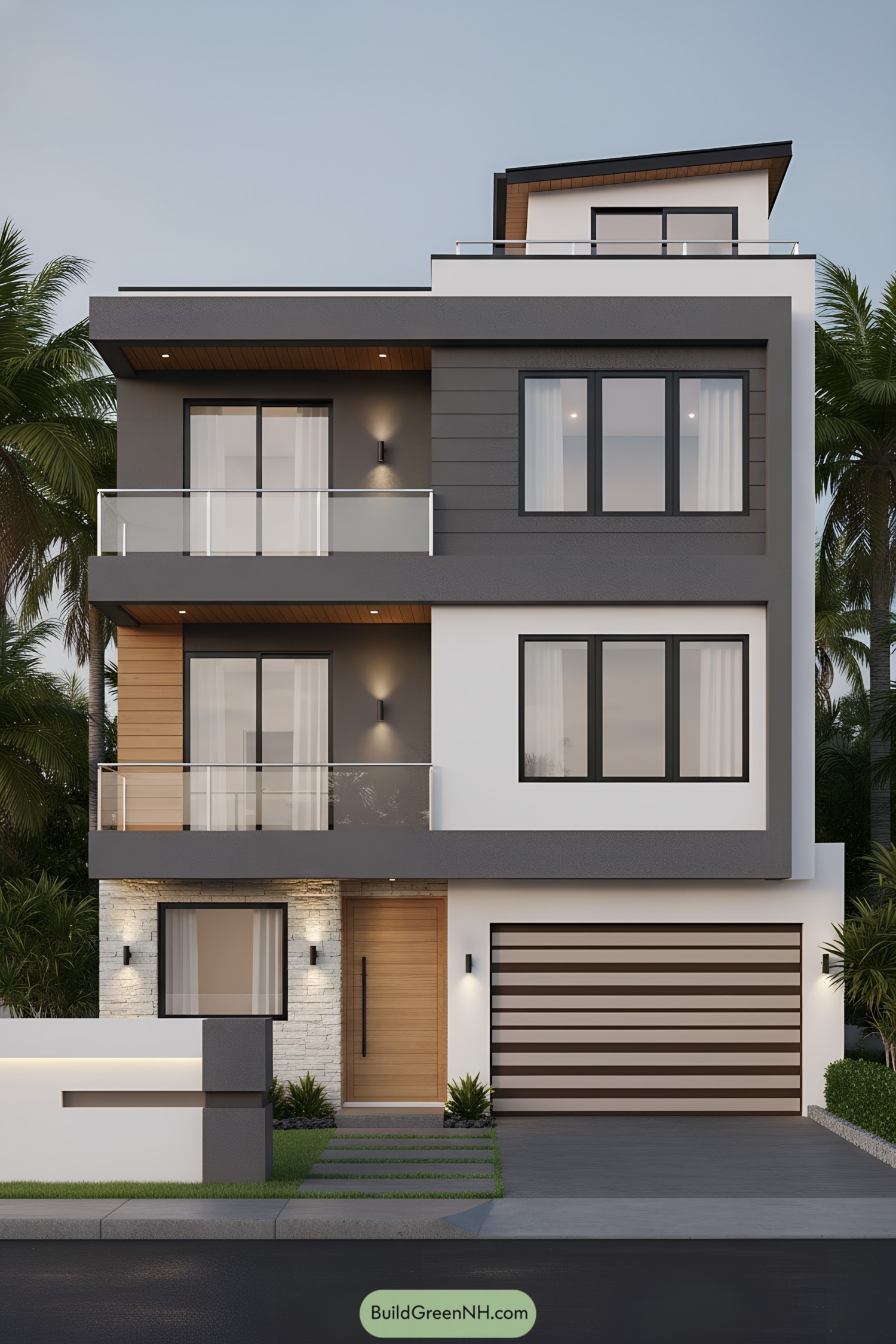 Modern three-story triplex with balconies and rooftop studio