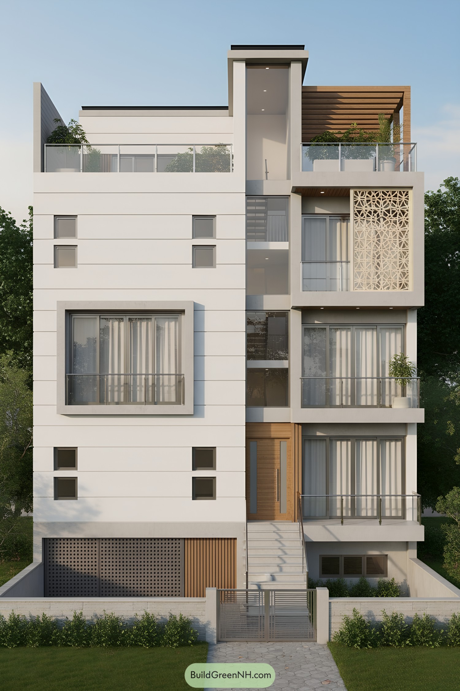 Modern triplex facade with perforated screen and terraces