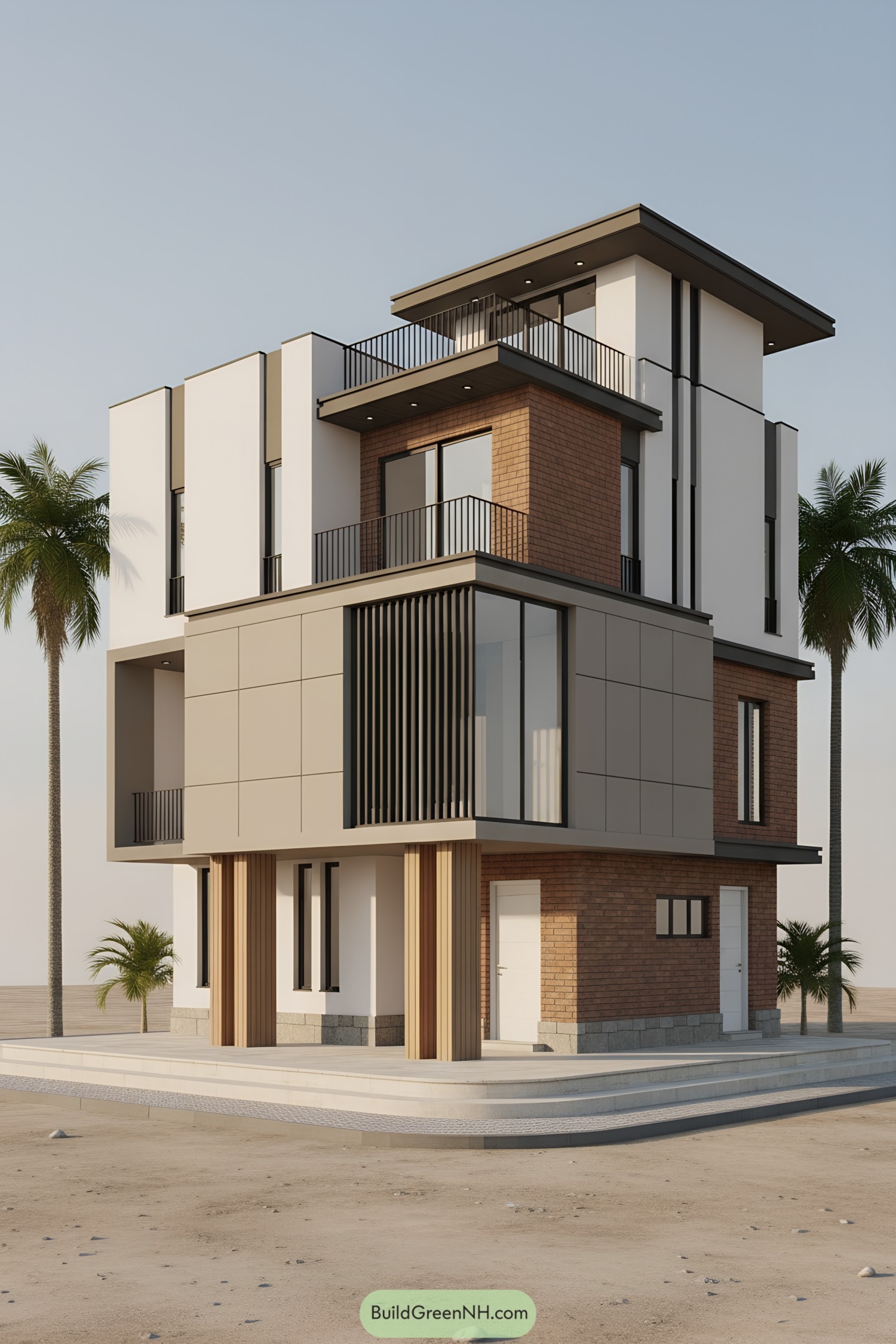 Modern triplex with stacked terraces and mixed brick and panel cladding