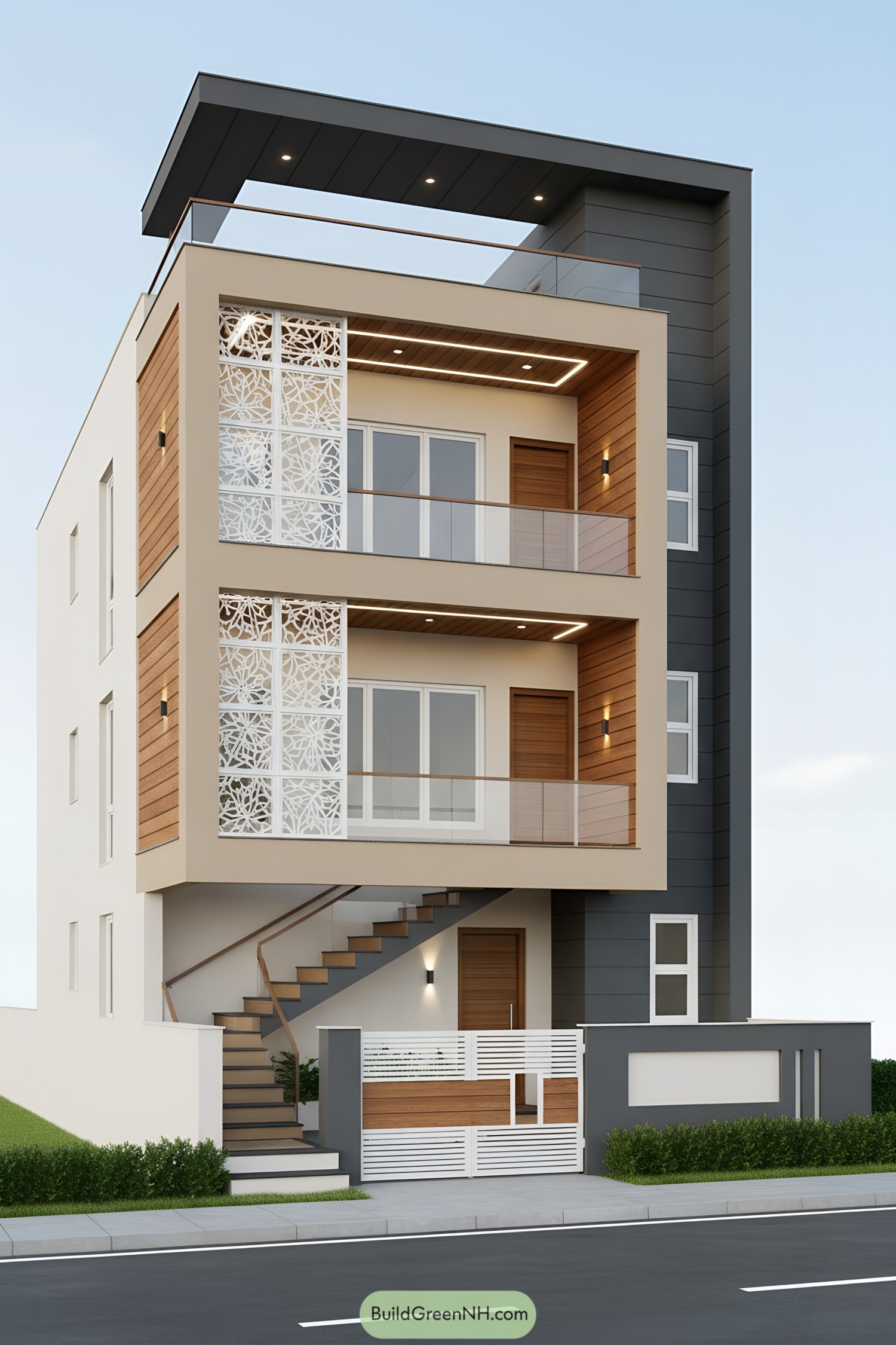 Modern triplex with patterned privacy screens and wood-accented balconies