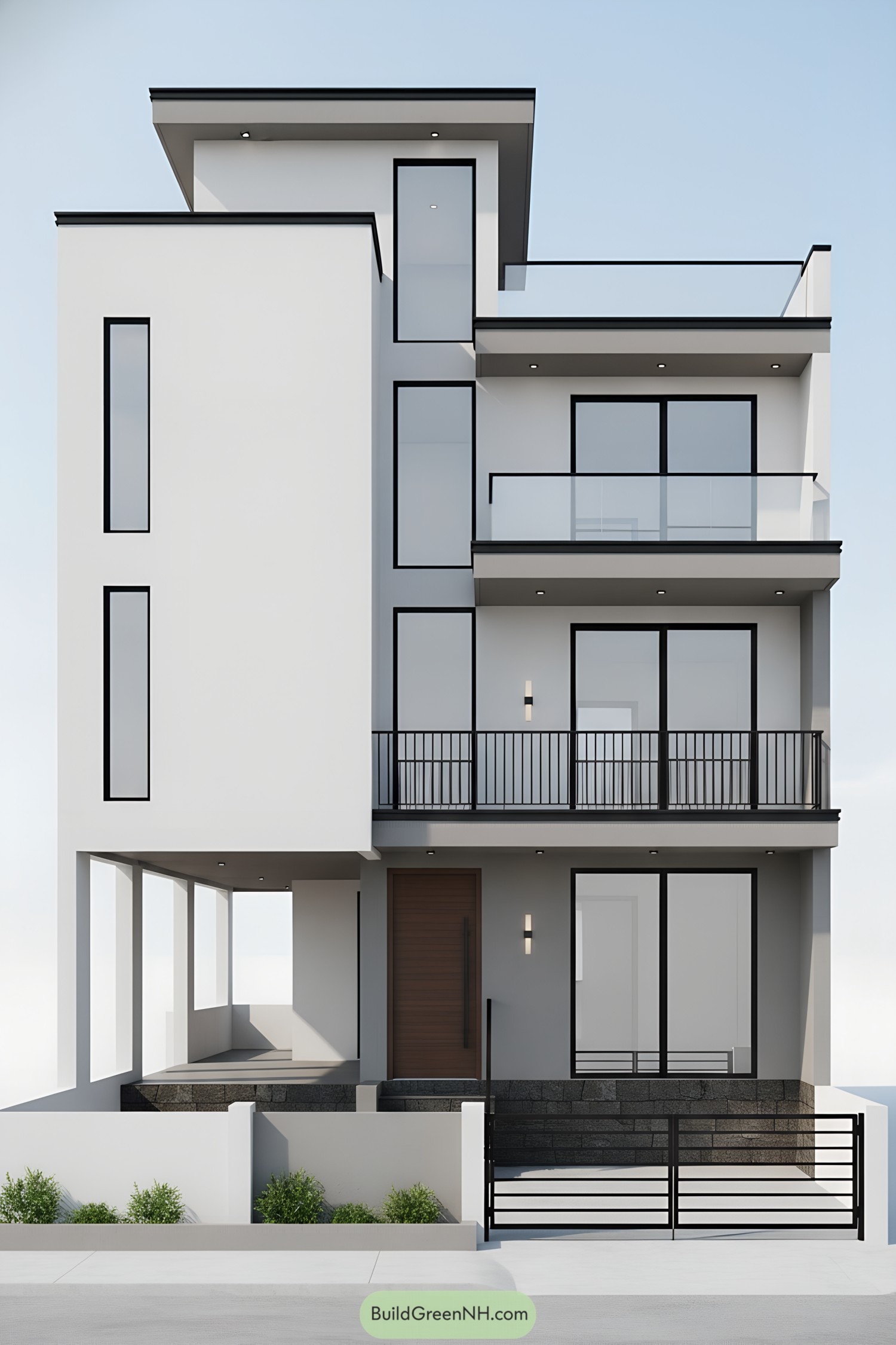 Modern triplex facade with stacked terraces and slim black-framed windows