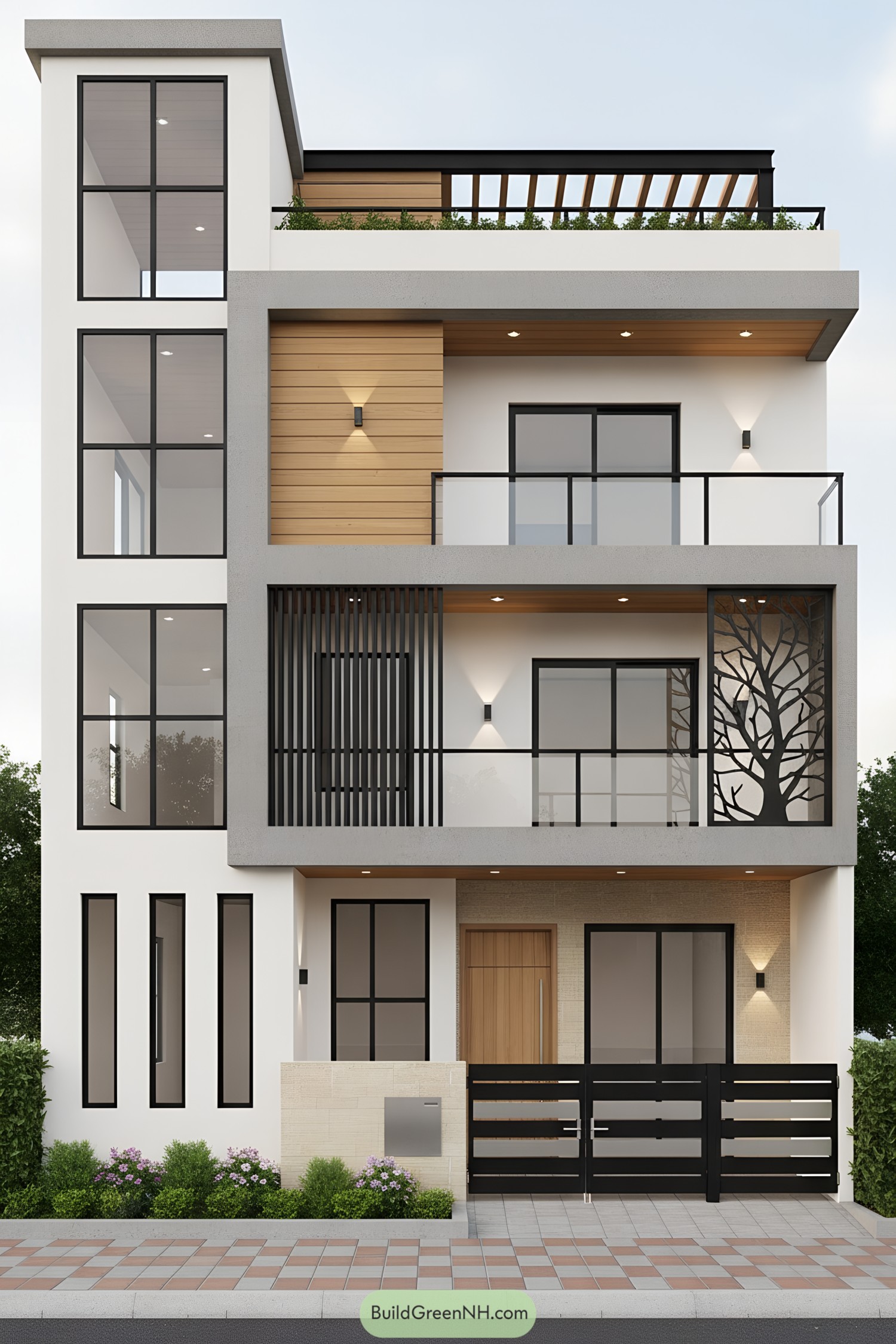 Modern triplex facade with large black-framed windows, pergola-topped terrace, and decorative tree-cut metal screen