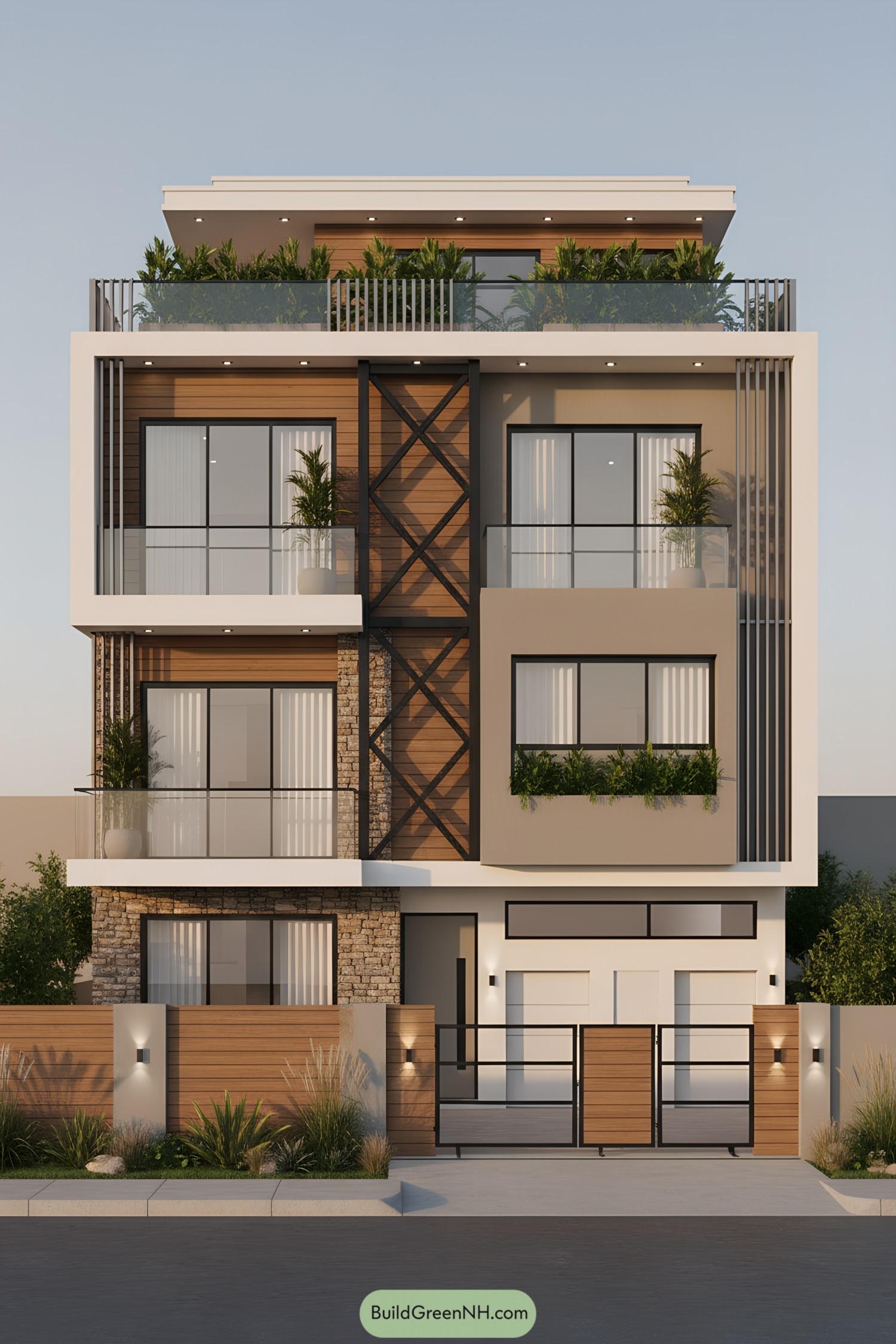 Modern triplex facade with wood cladding, stone base, and glass balconies framed by a white cube. Central X-braced feature and planters along terraces