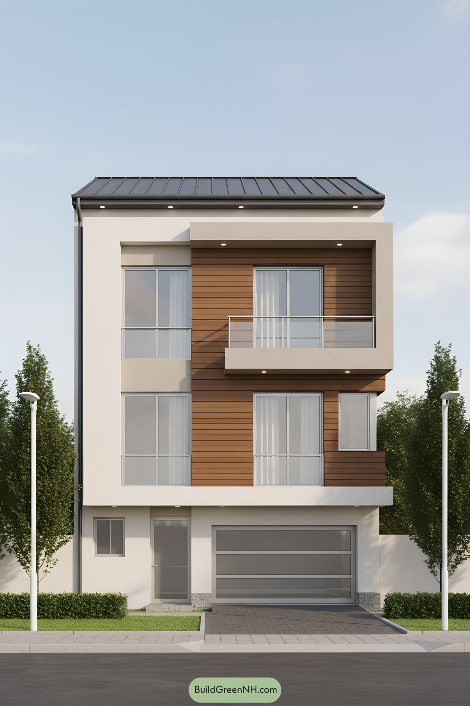 Modern triplex facade with wood cladding and boxed balconies, featuring large sliding glass and a metal roof