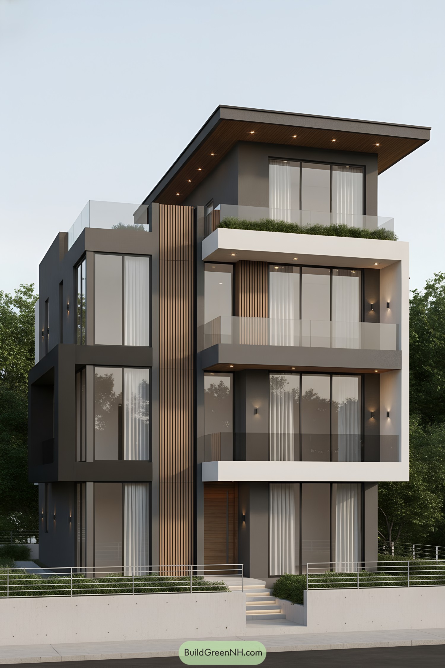 Modern triplex facade with glass balconies