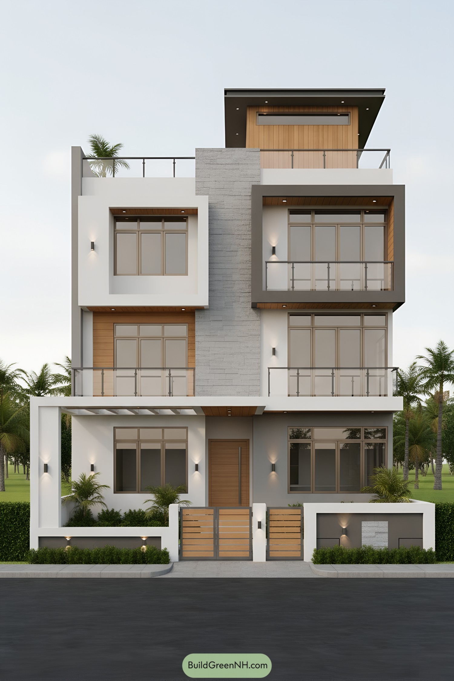 Modern triplex facade with stacked boxes, glass railings, and warm wood accents