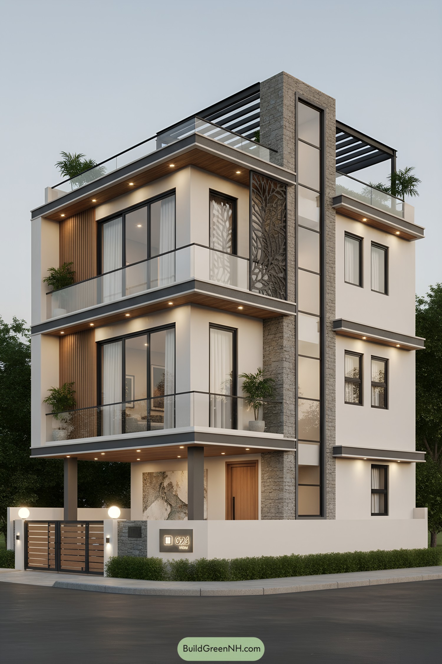 Modern triplex with glass railings and stone spine