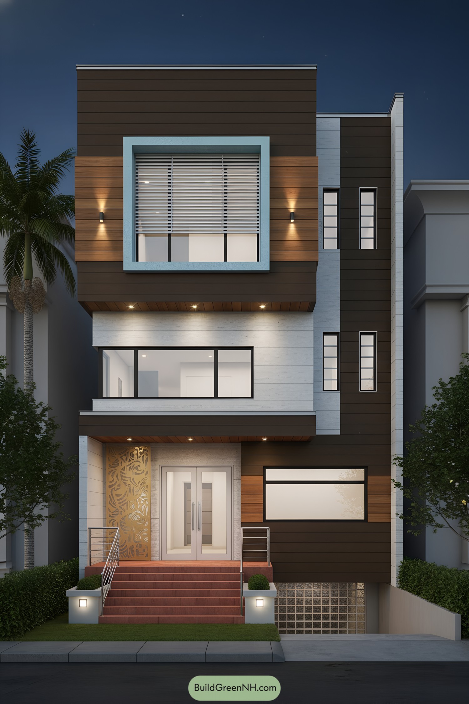 Modern triplex with teal-framed bay and wood-clad facade at dusk