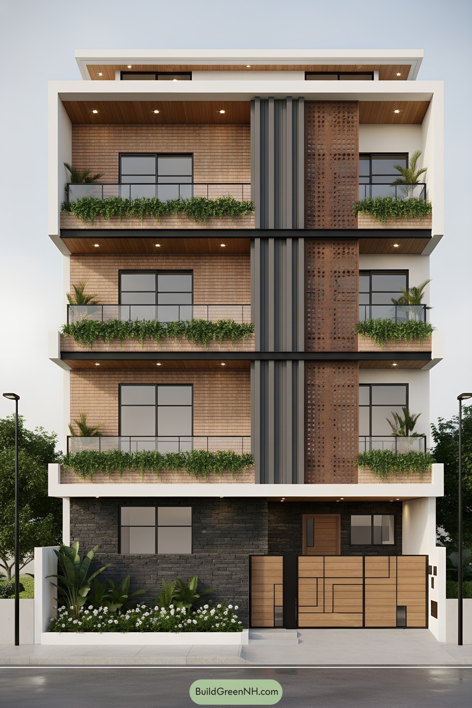 Contemporary triplex with brick, planters, and perforated screen