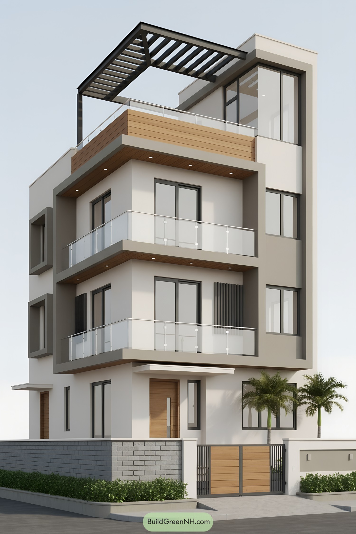Modern triplex with glass rail balconies and a black steel pergola topping the roof terrace