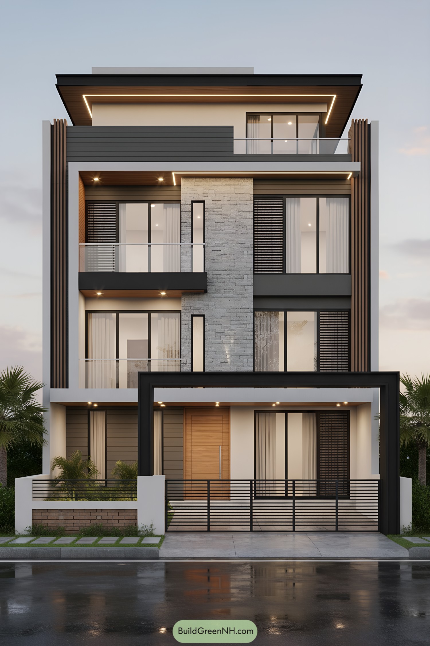 Modern triplex facade with layered balconies and stone center