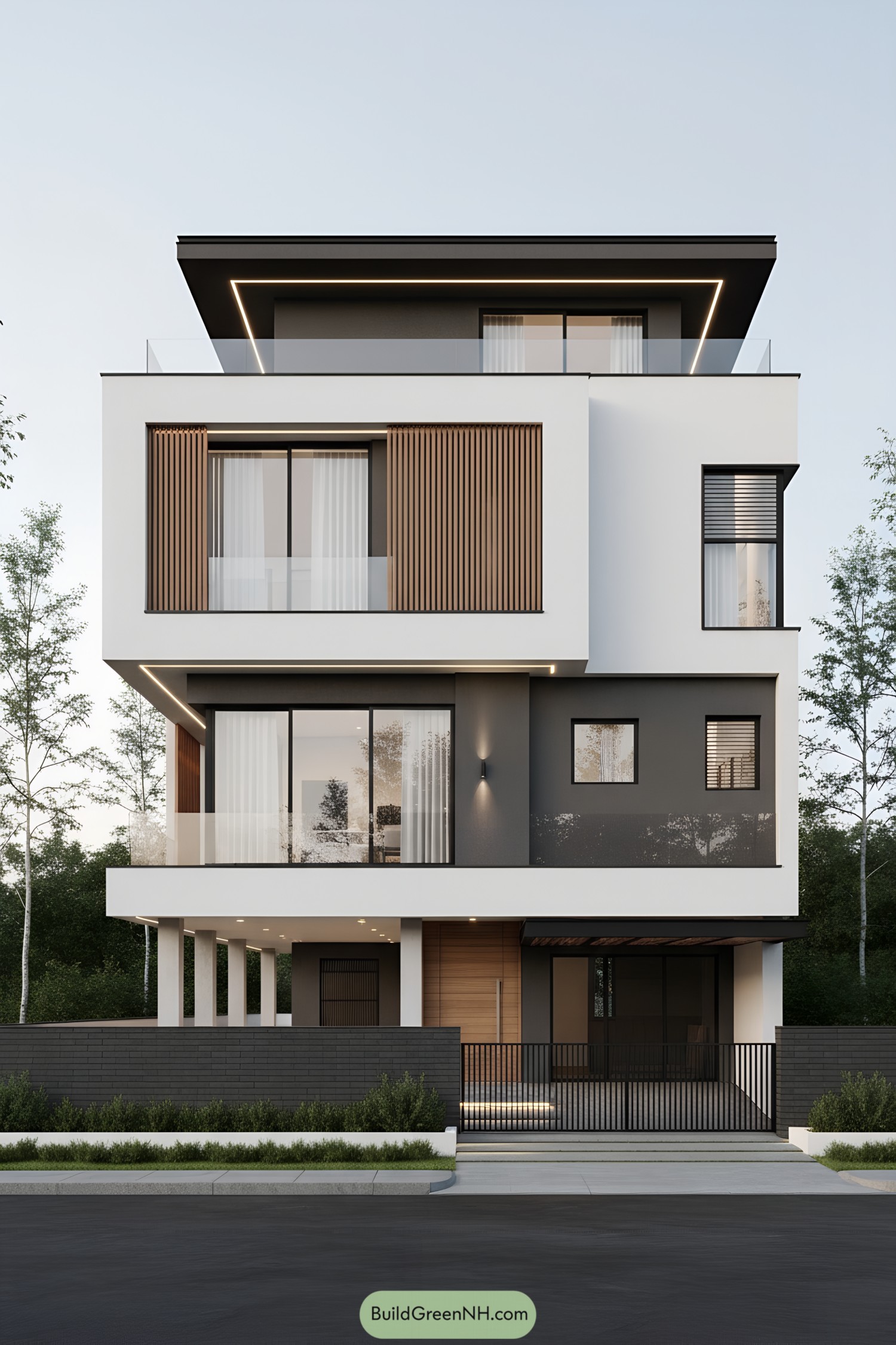 Modern triplex facade with white volumes, wood slats, and cantilevered roof