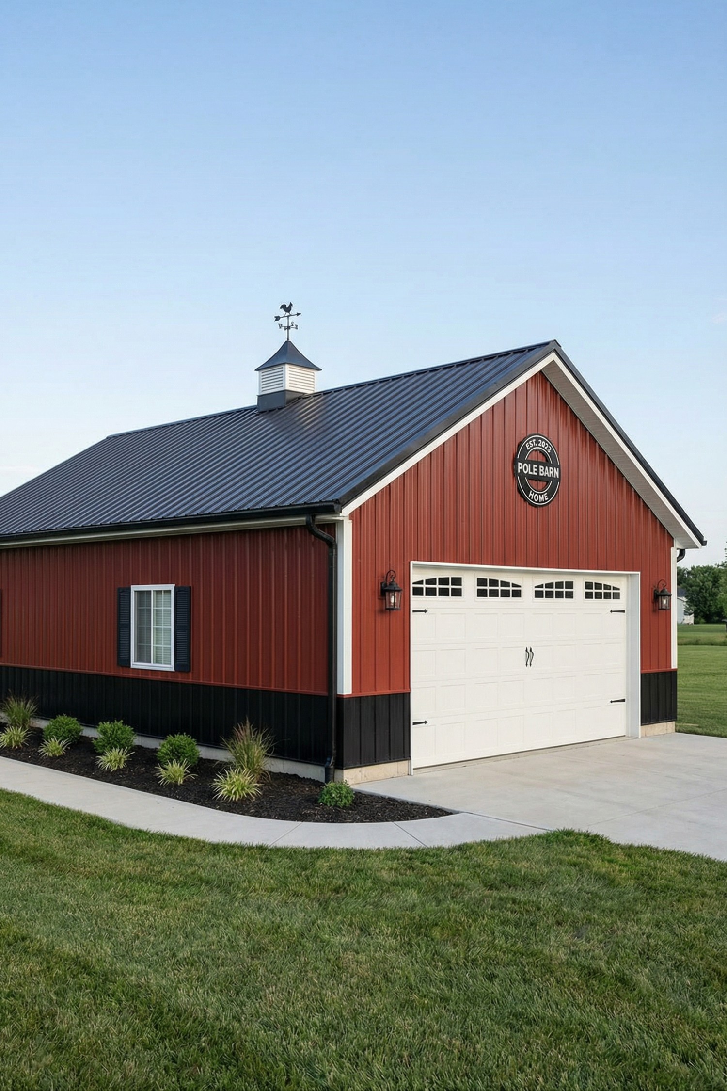Red pole barn with black wainscot and white garage door