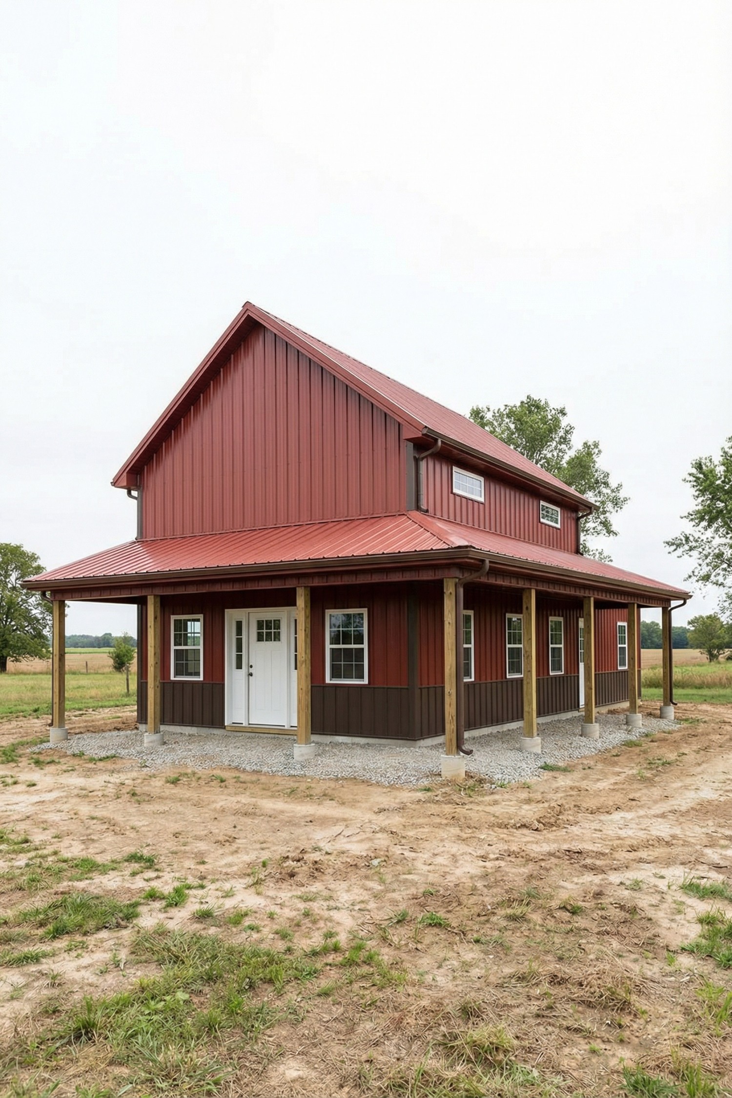 Red metal barnhouse with wraparound porch and white entry