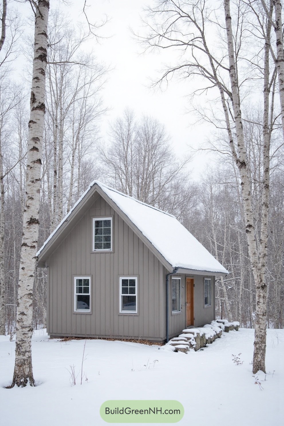 Small taupe cottage with steep snowy roof among bare birch trees