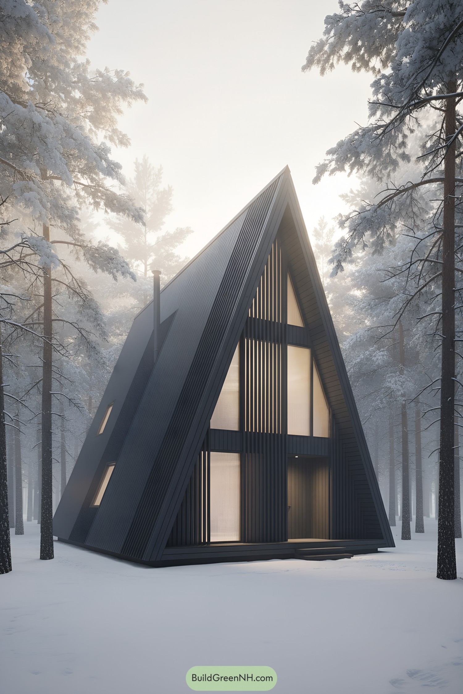 Dark A-frame cabin in snowy pines