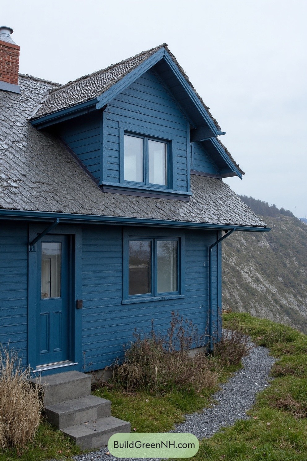 Blue clapboard cottage on a cliff edge with slate roof and dormer windows