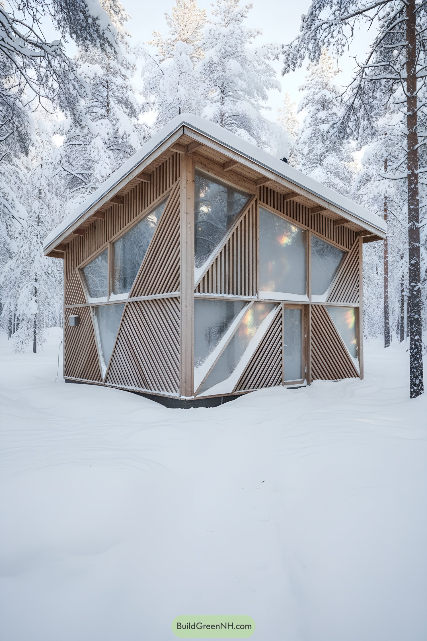 Wooden cabin with geometric slatted facade in snowy forest