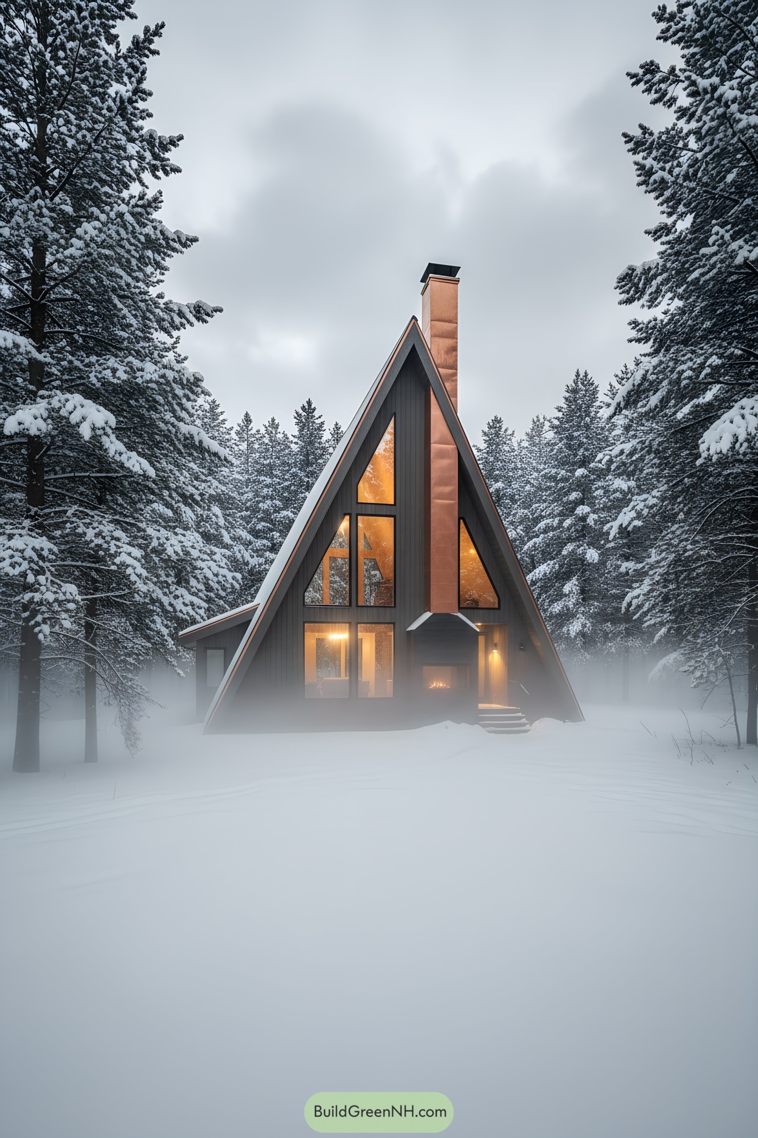 A-frame cabin with copper chimney glowing amid snowy pines