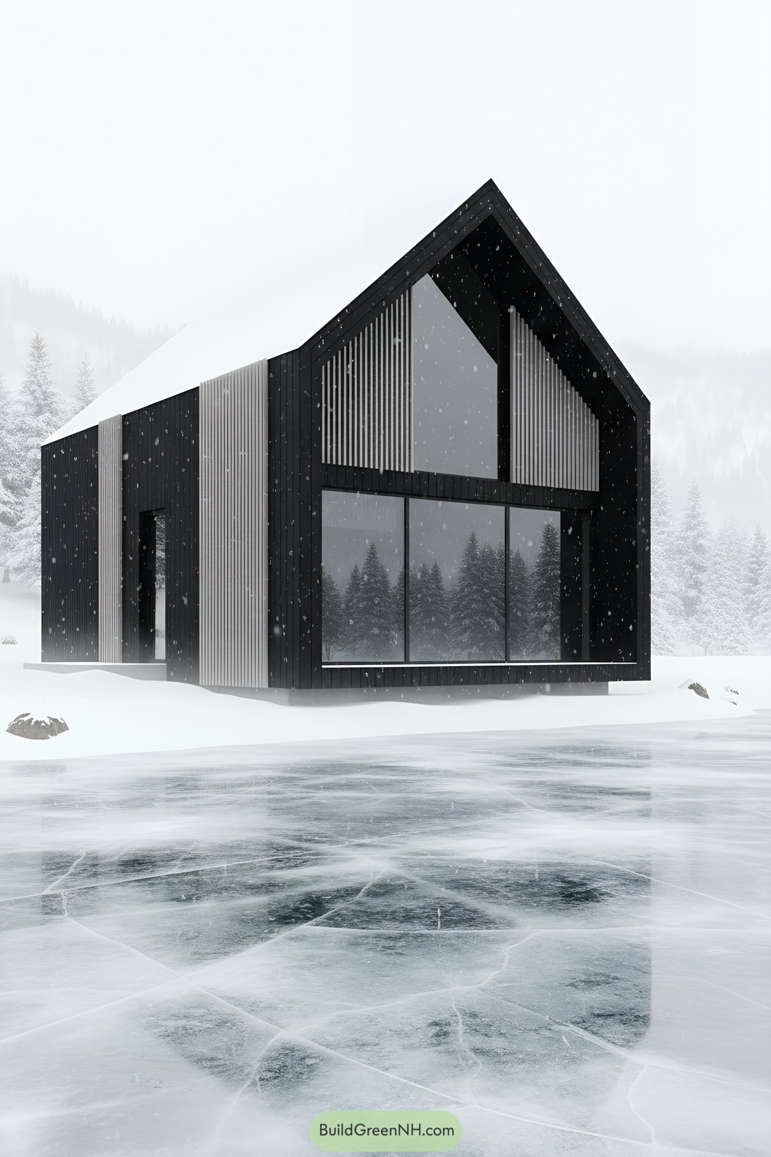 Black gabled cabin by a frozen lake