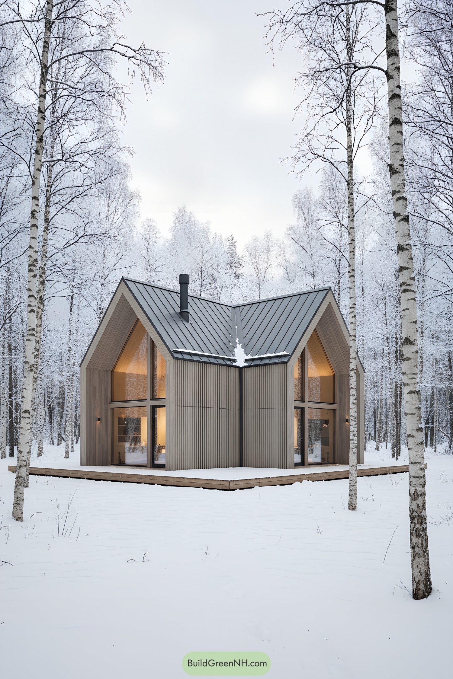 Modern wood cabin with twin gables in snow