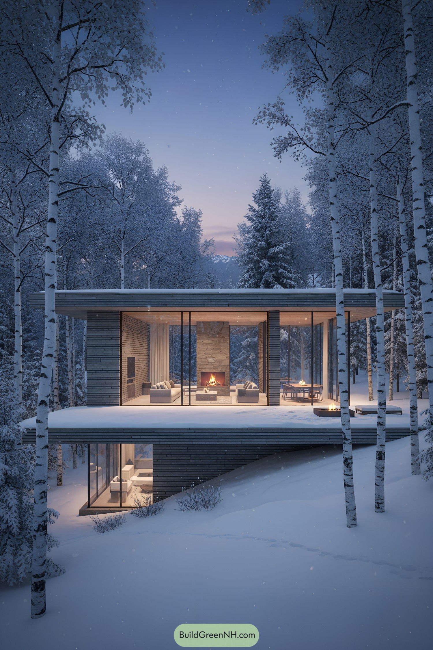 Modern forest house with glass walls and fireplace