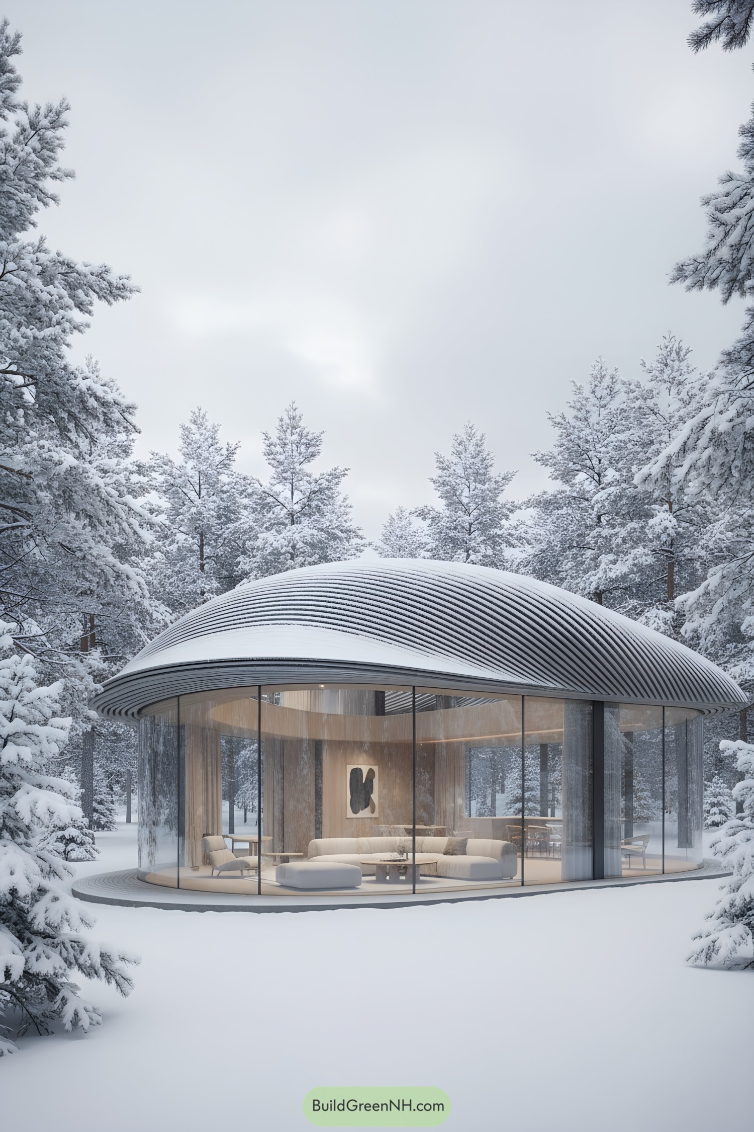 Curved glass cabin with ribbed snowy roof