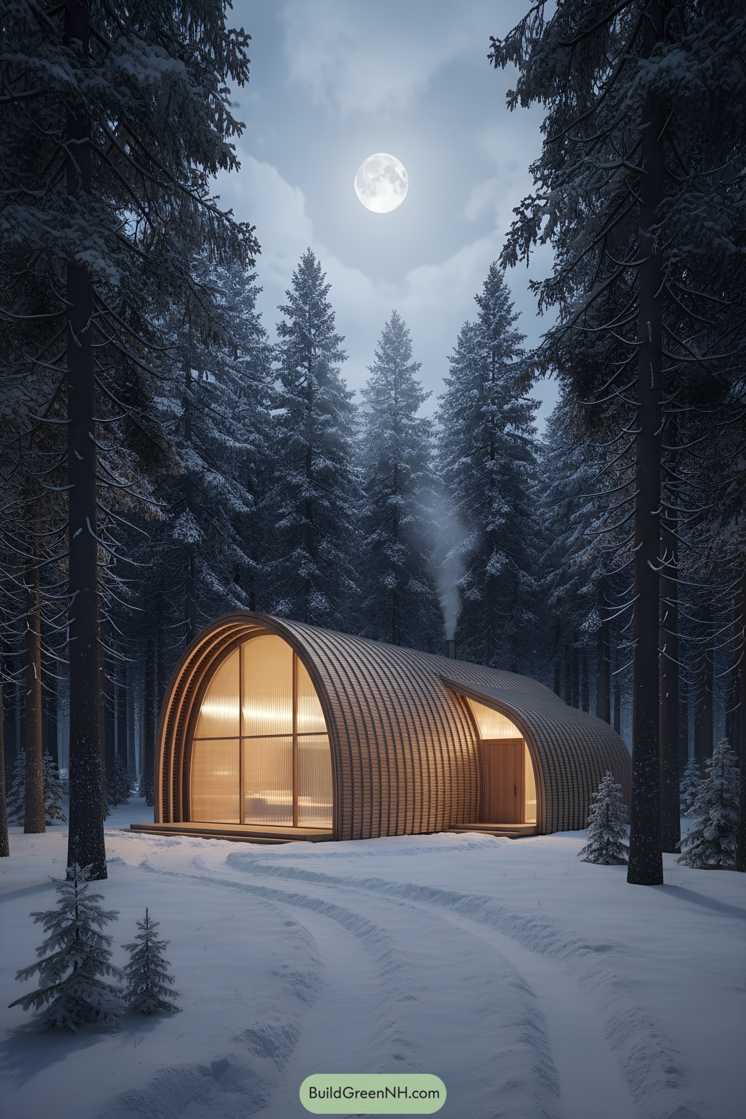 Curved wood cabin glowing in snowy forest